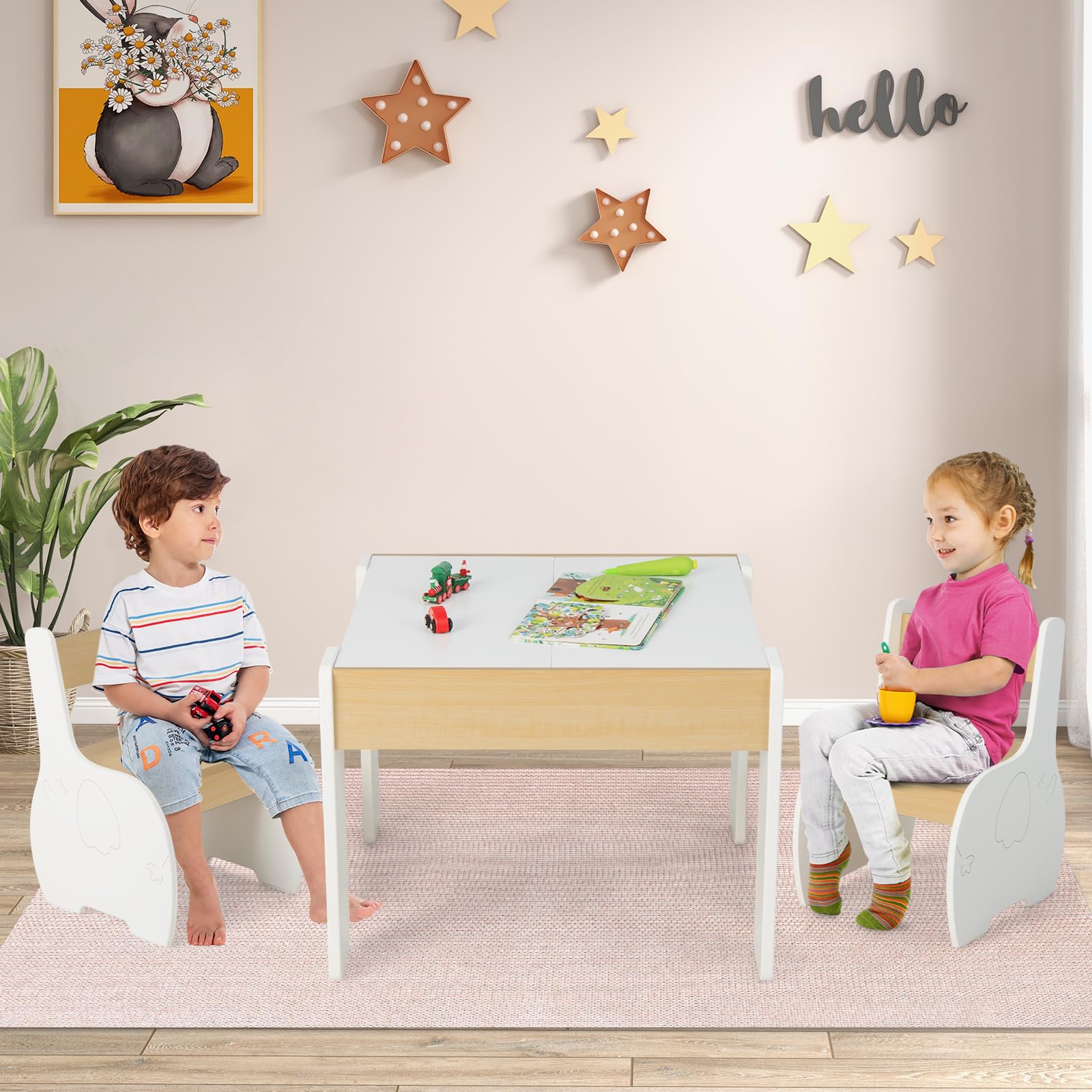 INFANS 3 in 1 Kids Table and Chair Set, Wood Multi Activity Table with Removable Tabletop, Detachable Blackboard