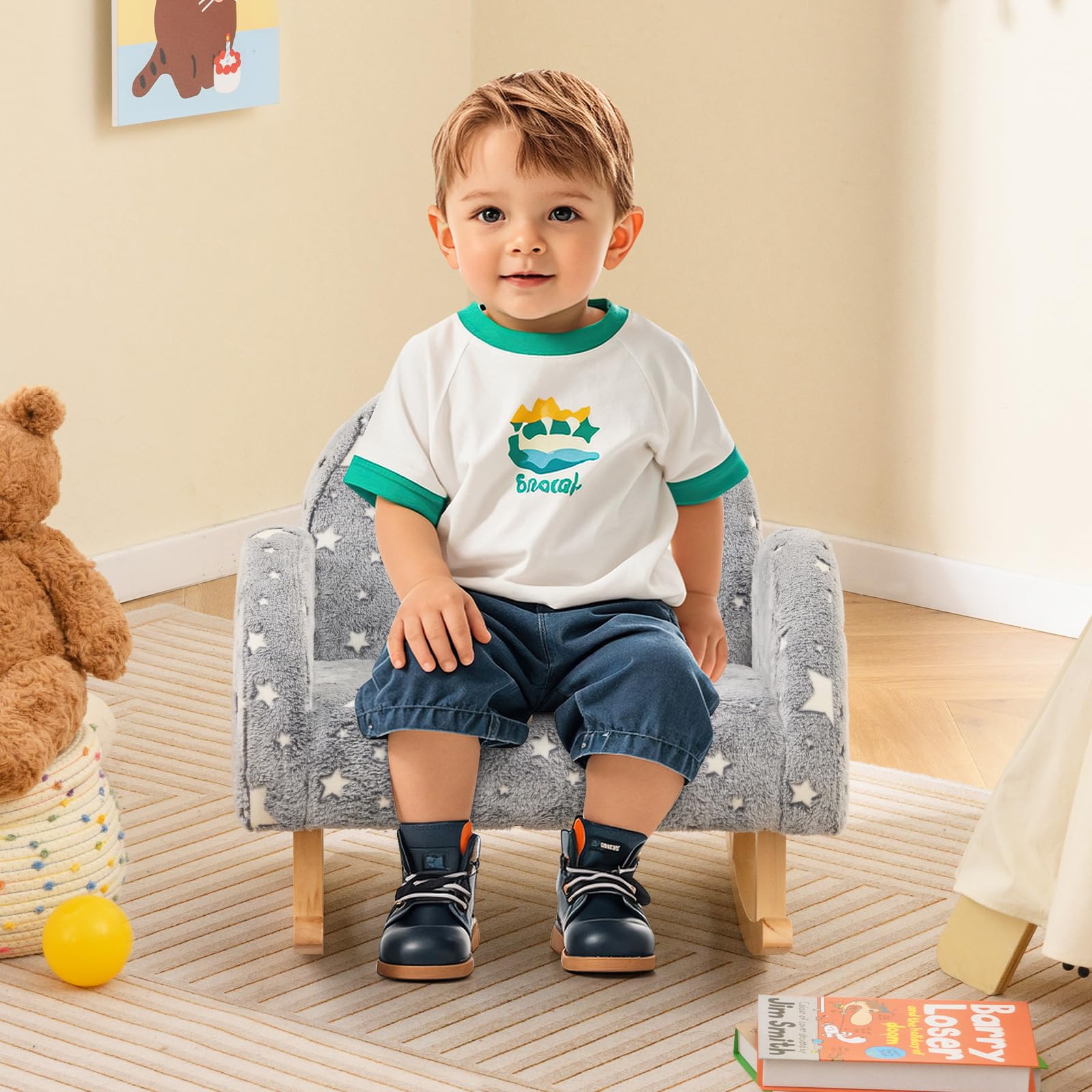 INFANS Kids Sofa with Glow in The Dark, Toddler Rocking Chair, Upholstered Comfy Foam Children Chair for Kindergarten Playroom