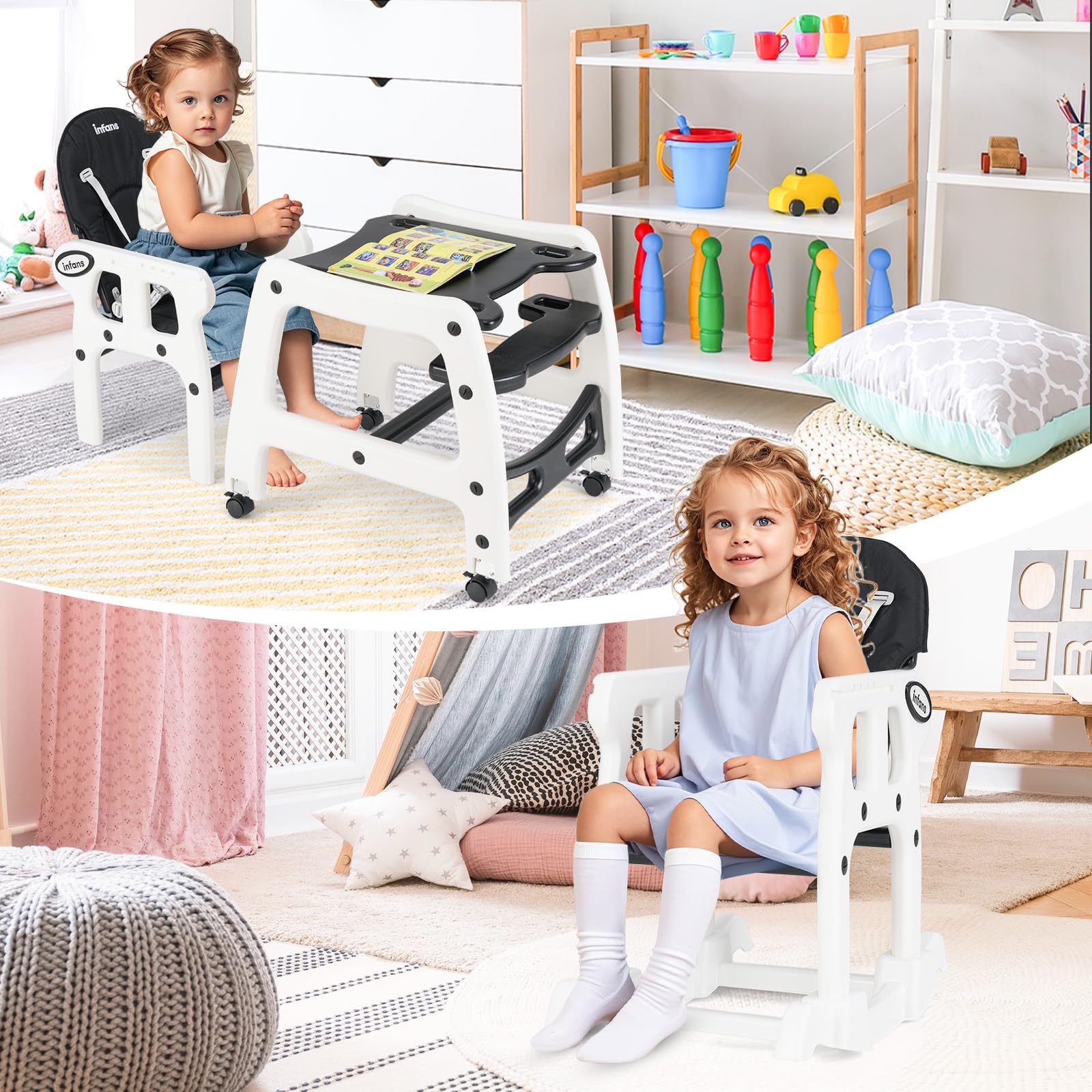INFANS 5 in 1 Baby High Chair, Convertible Toddler Table Chair Set, Rocking Chair, Multi-Function Seat with Lockable Universal Wheels