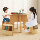 INFANS Toddler Table and Chair Set with 4 Storage Stools, Wooden Flower Shaped Nesting Table with Blackboard Drawers