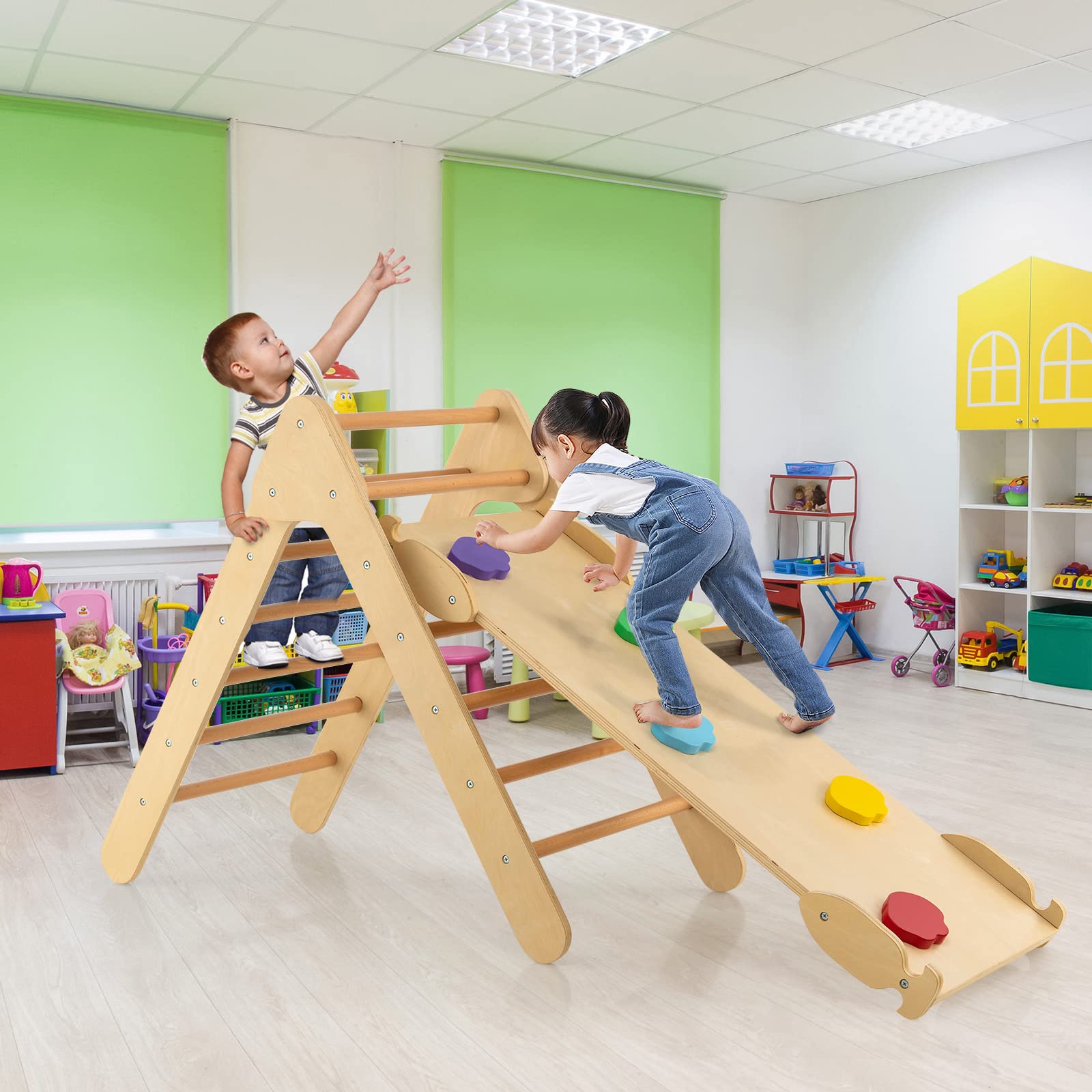 INFANS  Toddlers Triangle Climber, 3 in 1 Montessori Kids Wood Climbing Toy with Ramp, Ladder, Slide