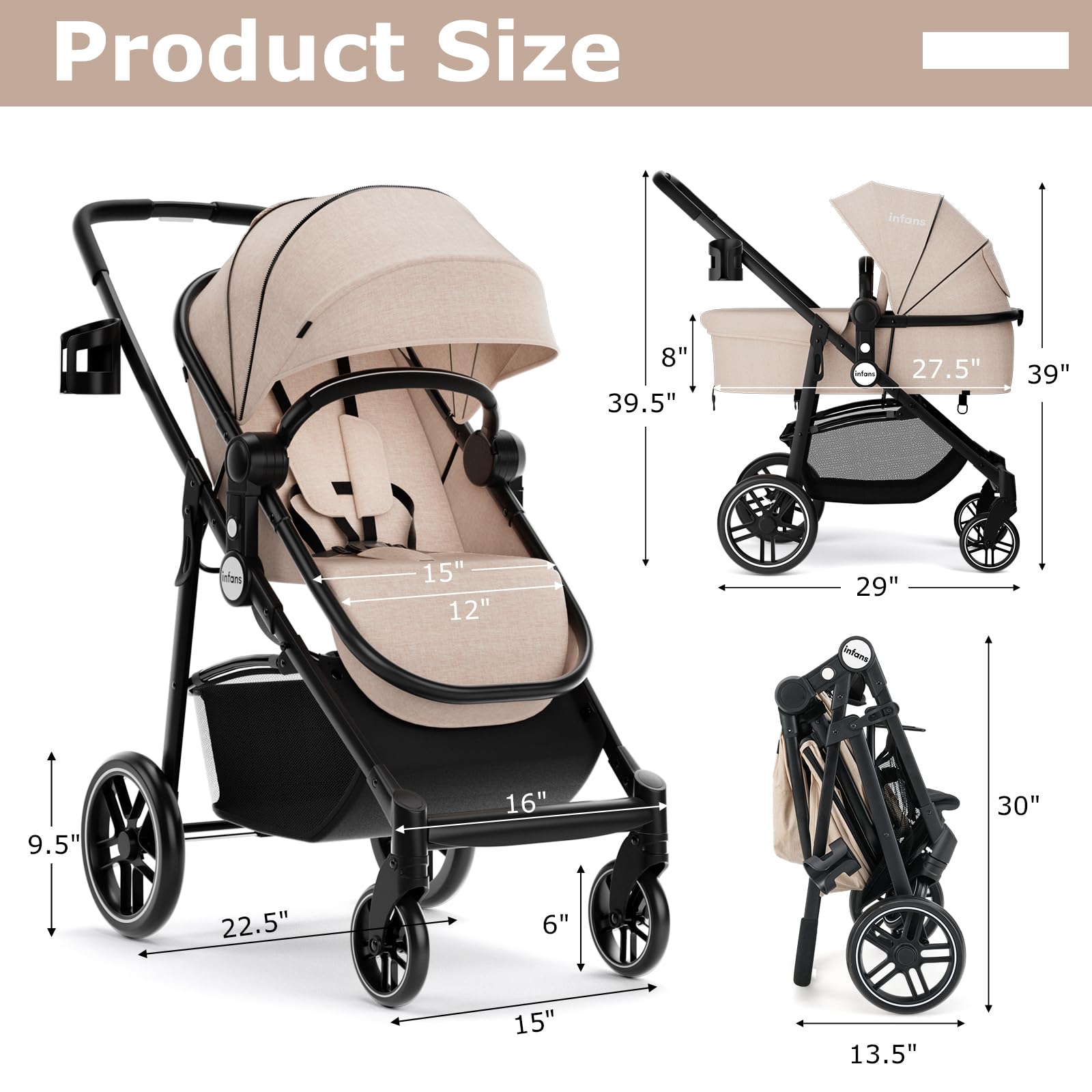 INFANS 2 in 1 Baby Stroller, High Landscape Infant Stroller, Foldable Pushchair