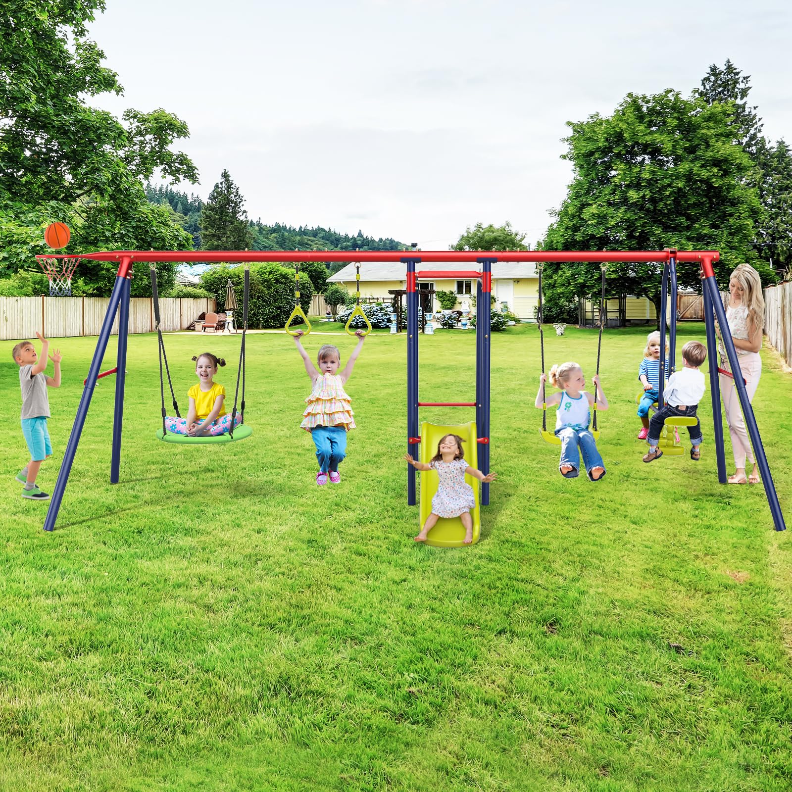 Outdoor A Frame Heavy Duty Metal Swing Stand with Monkey Bar for Kids