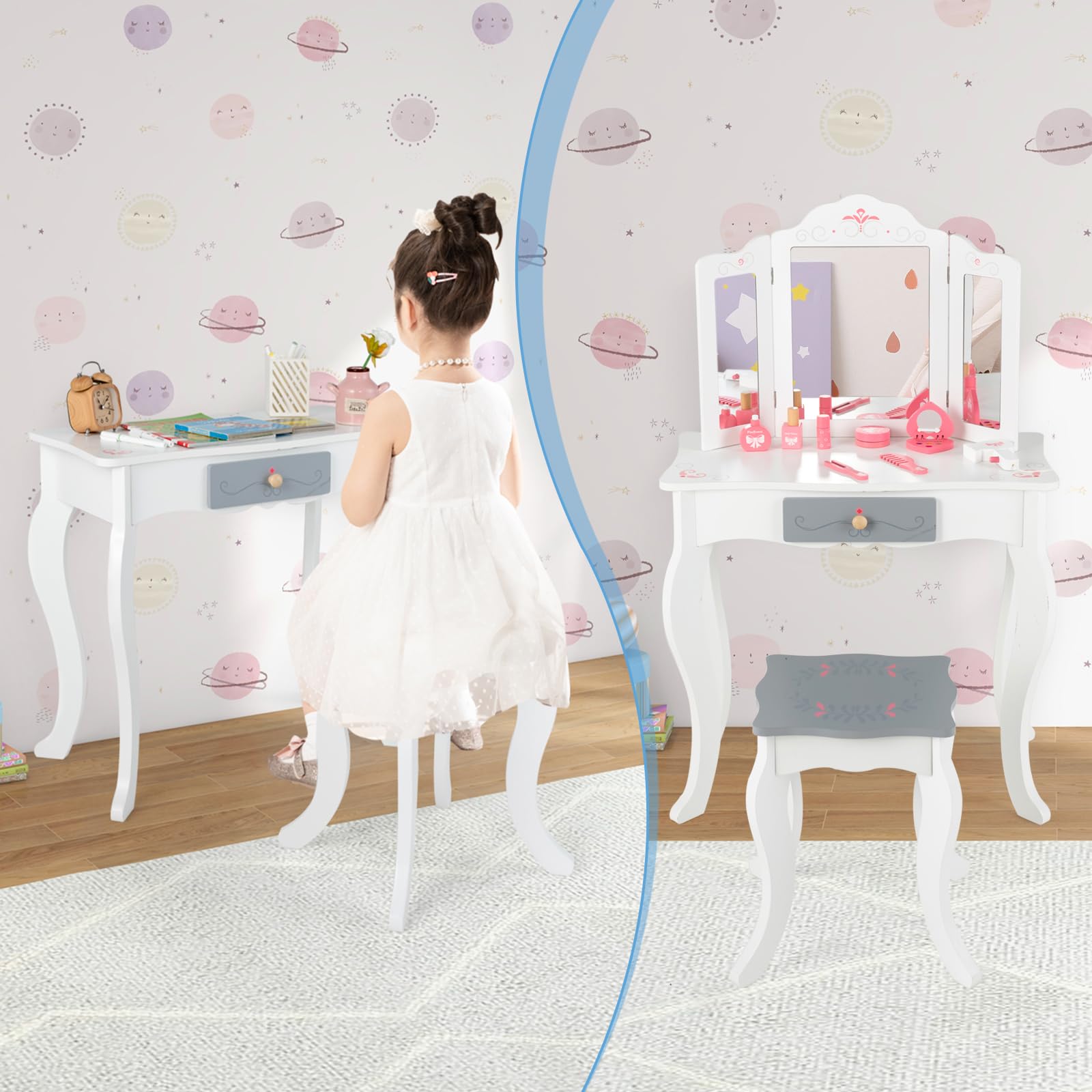 INFANS Kids Vanity, 2 in 1 Princess Makeup Desk Set, Wooden Dressing Table, Pretend Play Vanity Set