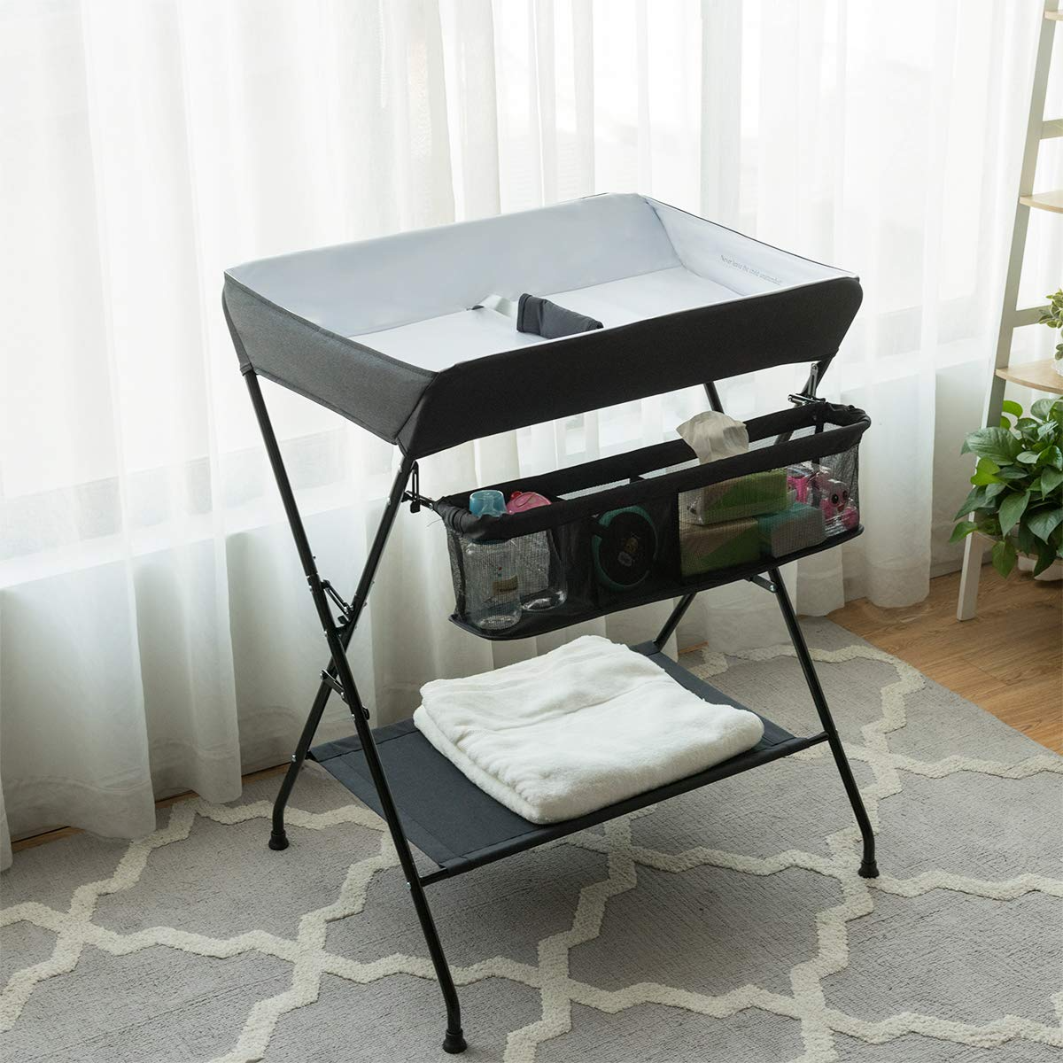 INFANS Baby Changing Table, Folding Diaper Station Portable Nursery Organizer with Safety Belt and Storage Racks