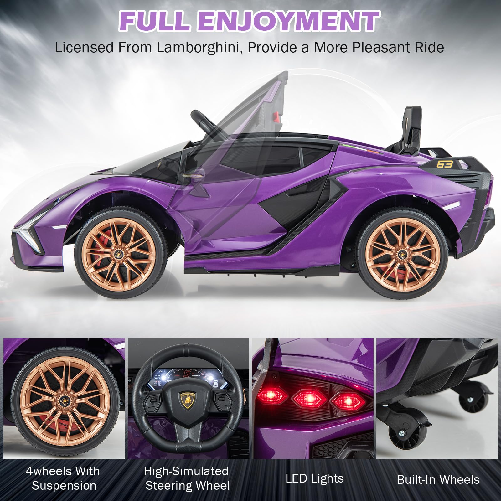 INFANS 12V Licensed Lamborghini Sian Kids Ride on Car with Parent Remote Control, Electric Toy Roadster Carbon Fiber Textured
