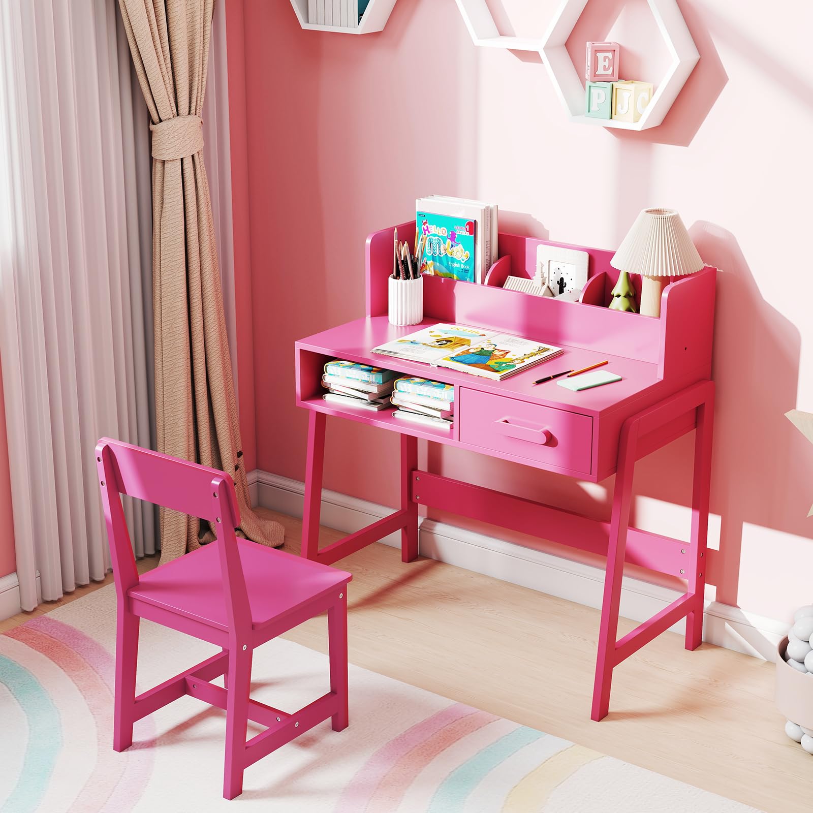 INFANS Table and Chair Set, Toddler Wooden Student Study Desk with Chair Storage Hutch Compartments Drawers