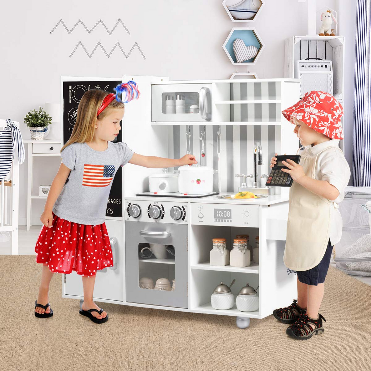INFANS Kids Kitchen Playset, Toddler Wooden Pretend Cooking Set with Chalkboard Fridge Water Dispenser Stove Oven Sink