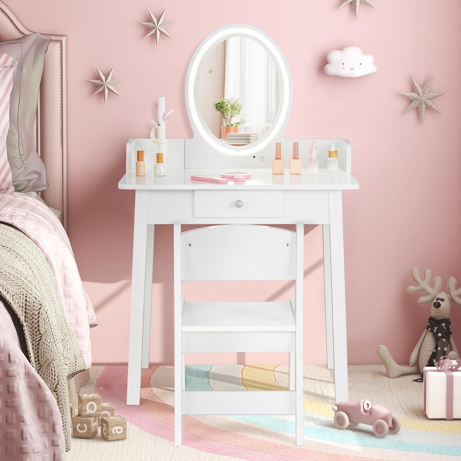 2 in 1 Wooden Princess Makeup Table and Chair with Lighting Mirror