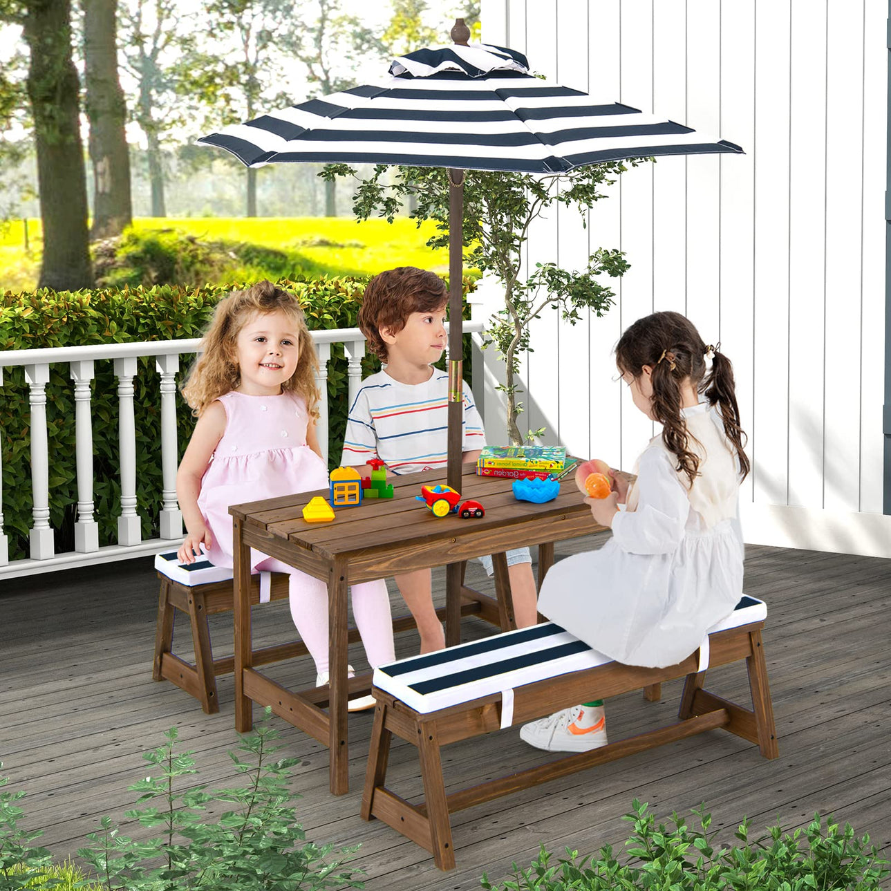 Kids Picnic Table with Removable Cushions Height Adjustable Umbrella