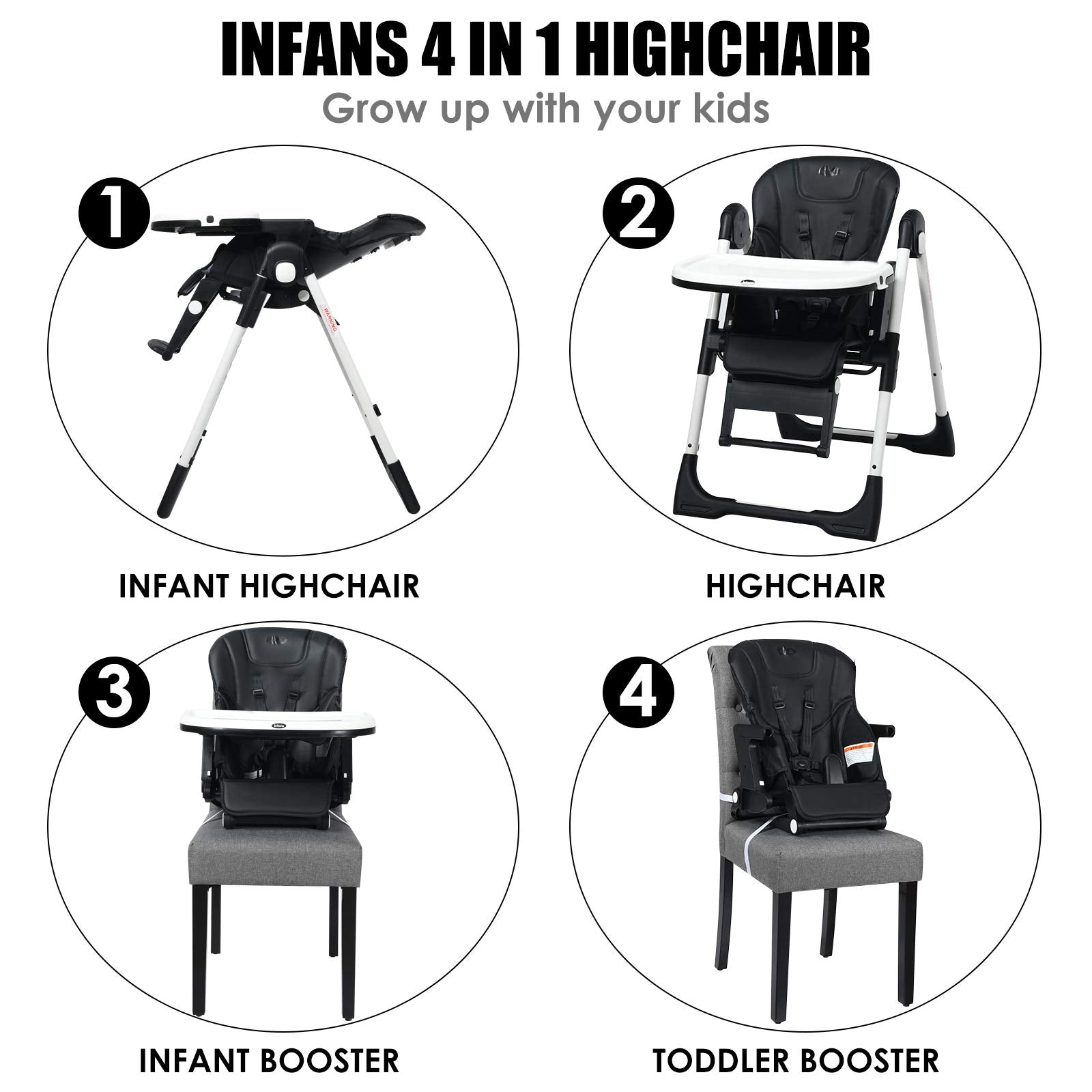INFANS 4 in 1 High Chair�CBooster Seat, Convertible Highchair, Installation-Free,Simple Fold for Baby, Infant& Toddler