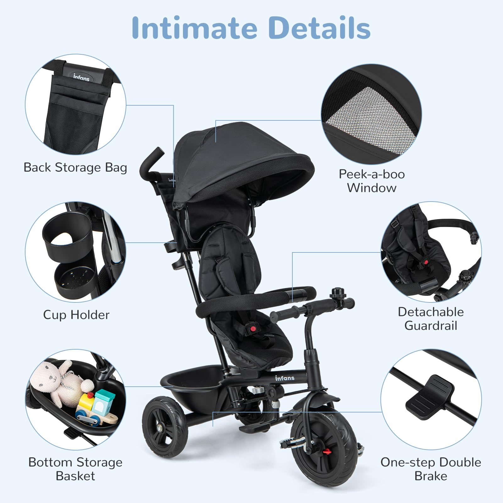INFANS Kids Tricycle, 6 in 1 Baby Trike Toddler Bike with Reversible Seat, Adjustable Push Handle, Removable Canopy