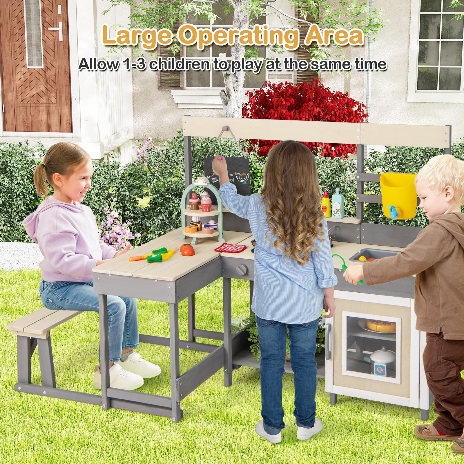 INFANS Mud Kitchen, Outdoor Play Kitchen with Faucet Chalkboard Stoves Removable Sink Cooking Accessories Wooden Kids Kitchen Playset