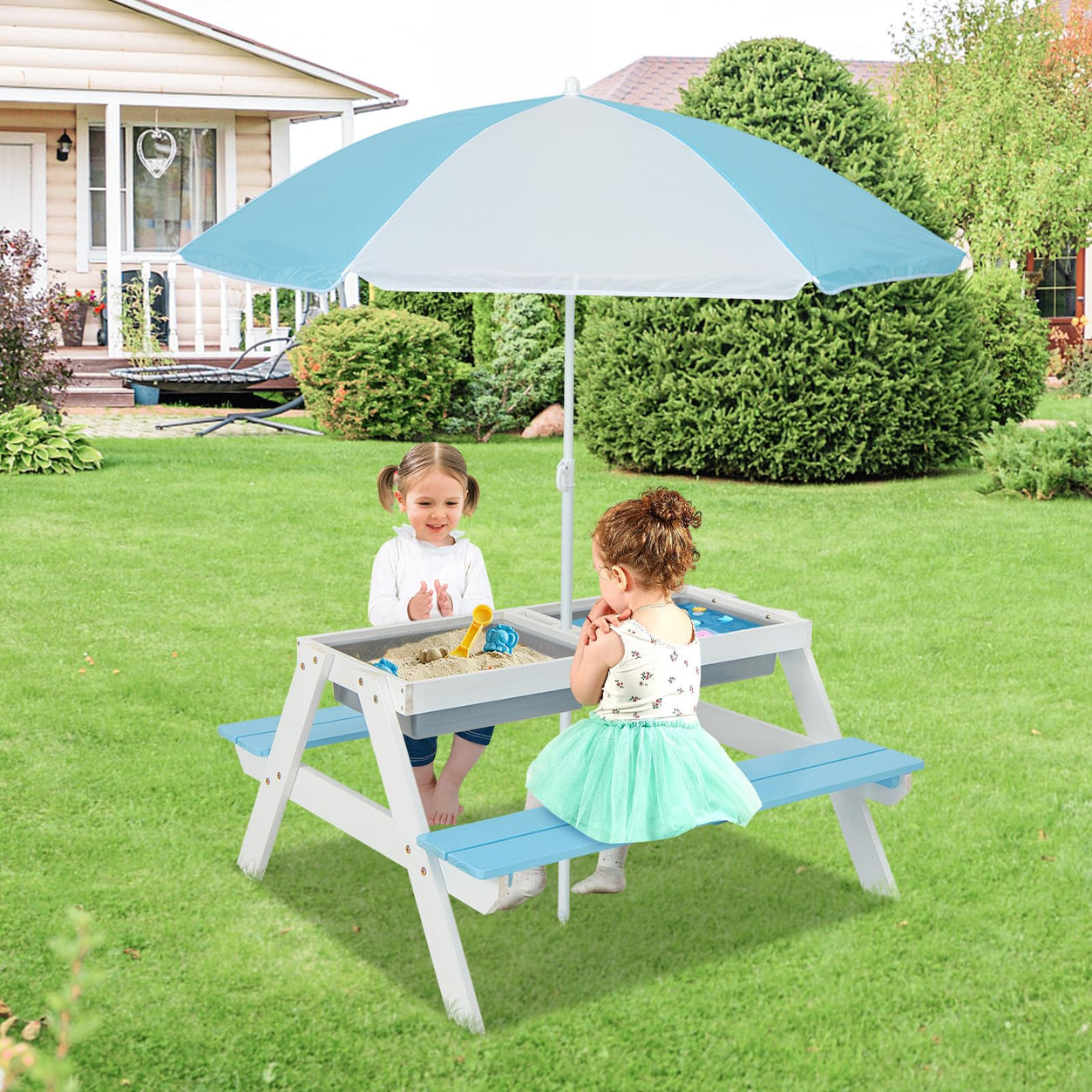 4 in 1 Outdoor Toddler Sand Water Wooden Table and Chair Set with Removable Umbrella