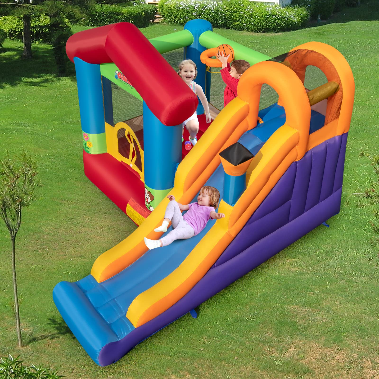 INFANS Inflatable Bounce House, Kids Jumping Castle with Slide, Basketball Rim, Climbing Wall
