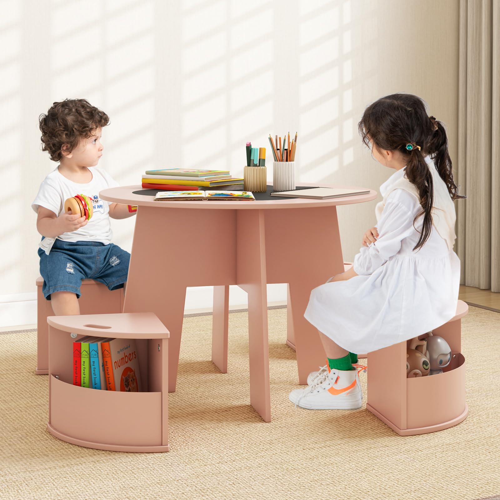 INFANS Toddler Table and Chair Set with 4 Storage Stools, Wooden Flower Shaped Nesting Table with Blackboard Drawers