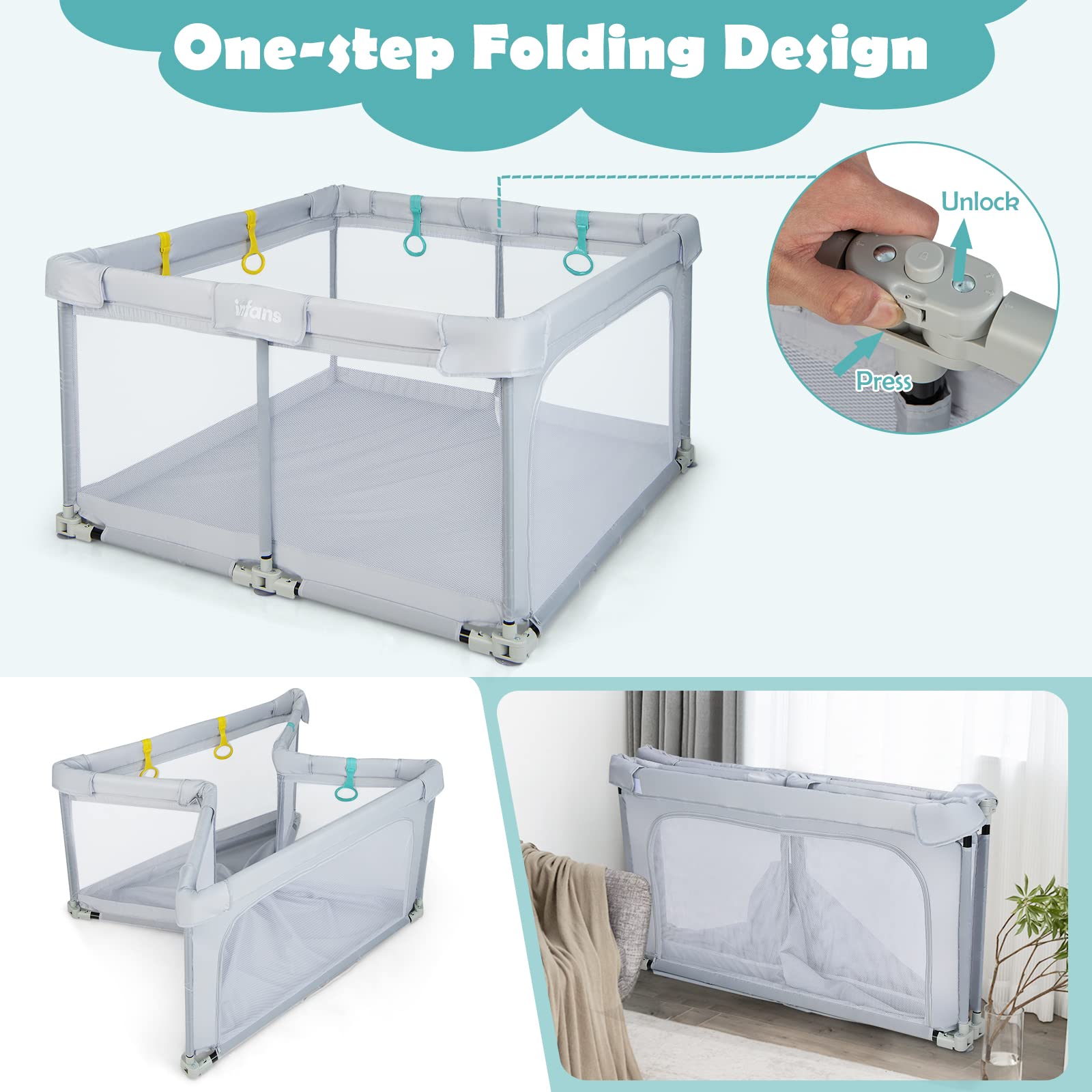 INFANS Baby Playpen, 50’’x50’’ Foldable Large Baby Playard, Indoor Outdoor Kids Activity Center Baby Fence