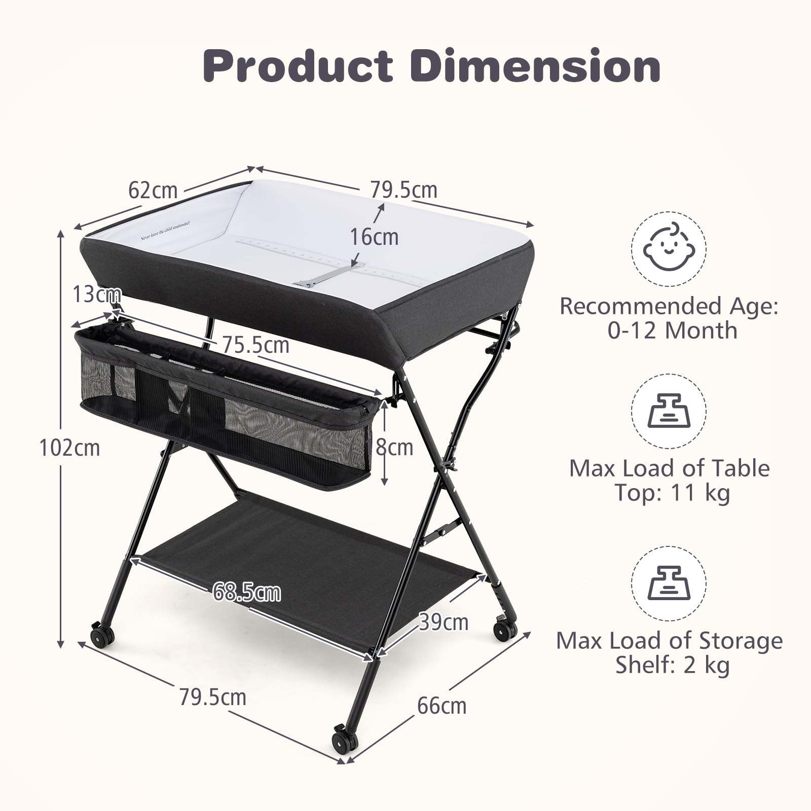 INFANS Baby Changing Table with Wheels, Portable Folding Diaper Station Nursery Organizer with Adjustable Height