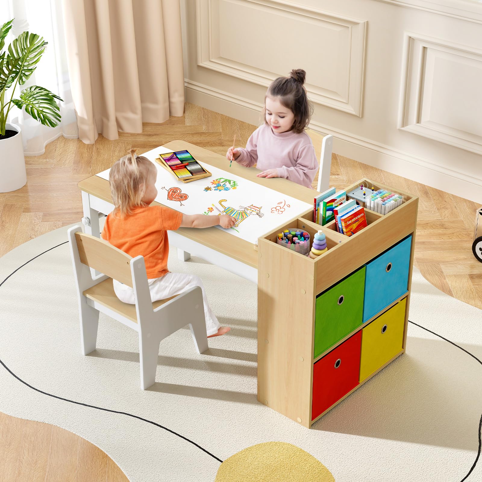 INFANS Kids Table and Chair Set, Toddler Art Craft Play Wood Activity Desk with 2 Chairs 4 Storage Canvas Bins Paper Roll
