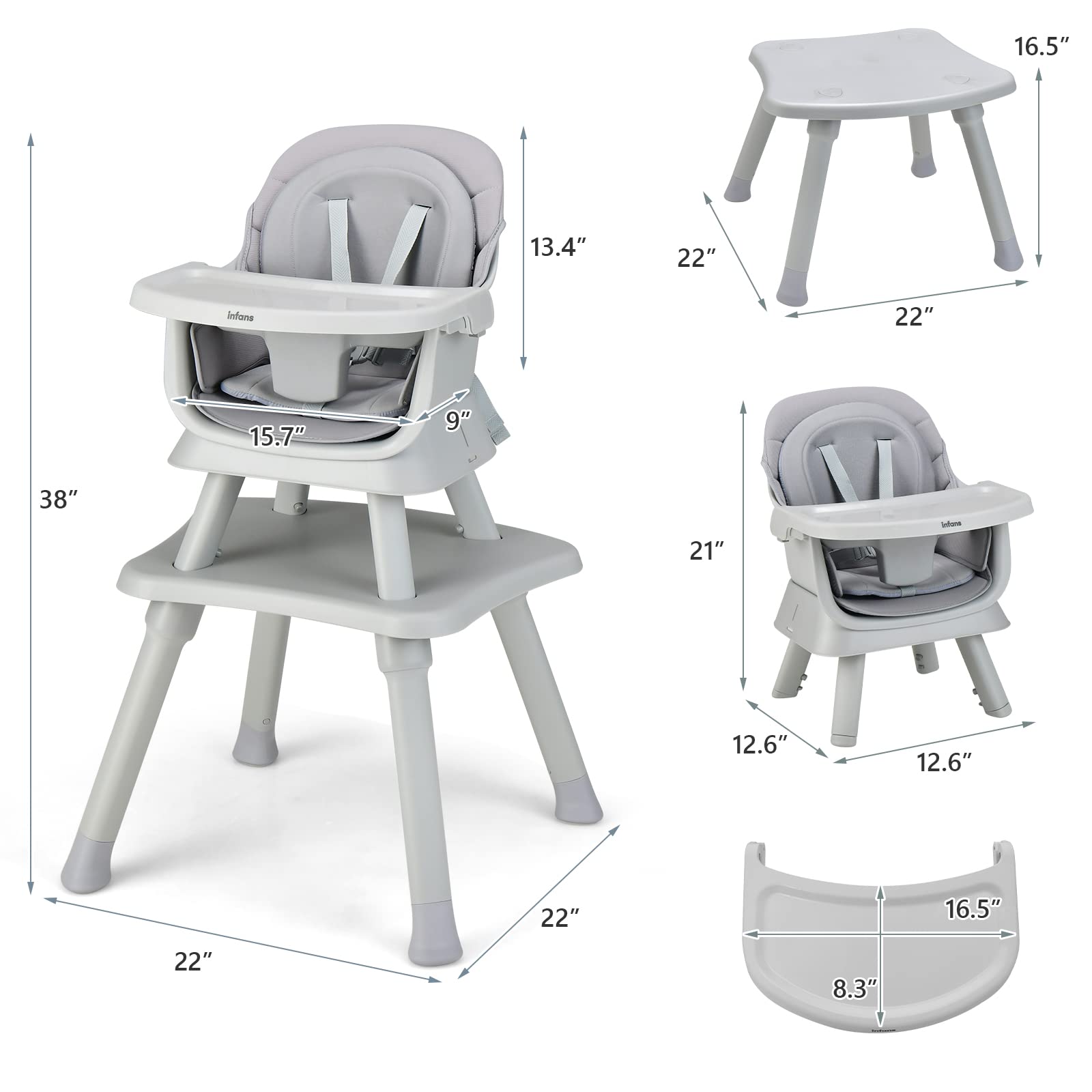 INFANS 8 in 1 Baby High Chair, Convertible Highchair for Babies and Toddlers, Infant Dining Booster Seat, Kids Stool Table Chair Set