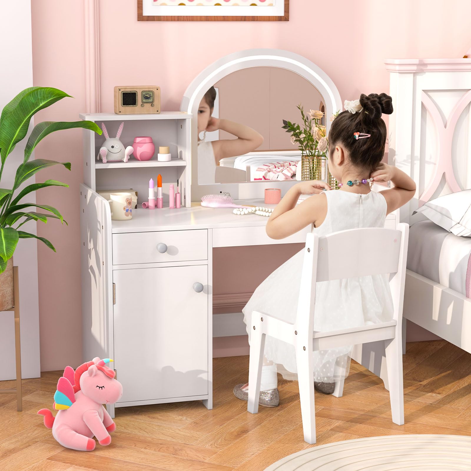 INFANS Kids Vanity, Princess Makeup Desk and Chair Set with Lights Mirror, Pretend Play Vanity Set for Toddler Girls