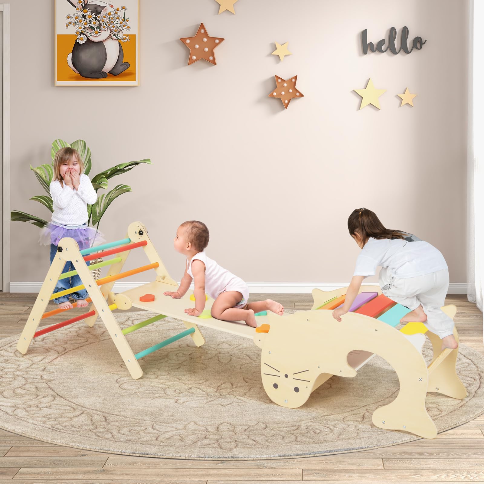 INFANS Climbing Toys for Toddlers, 5 in 1 Foldable Wooden Pikler Montessori Jungle Gym with Ramp Slide, Baby Climber