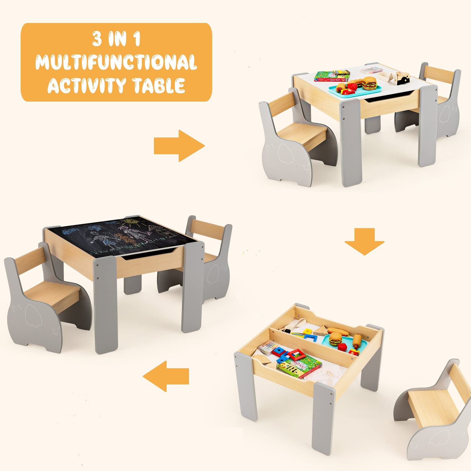 INFANS 3 in 1 Kids Table and Chair Set, Wood Multi Activity Table with Removable Tabletop, Detachable Blackboard