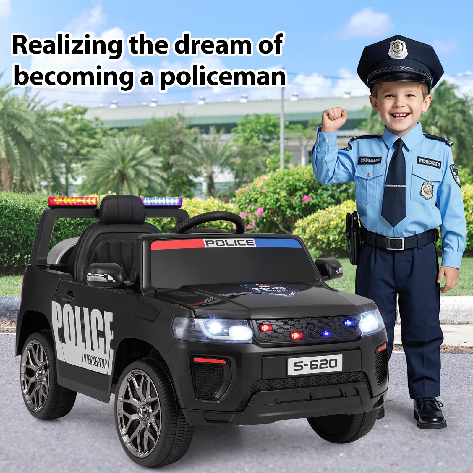INFANS Ride on Police Car, 12V Kids Battery Powered Electric Vehicle with Siren, Flashing Lights, Bluetooth, Power Display
