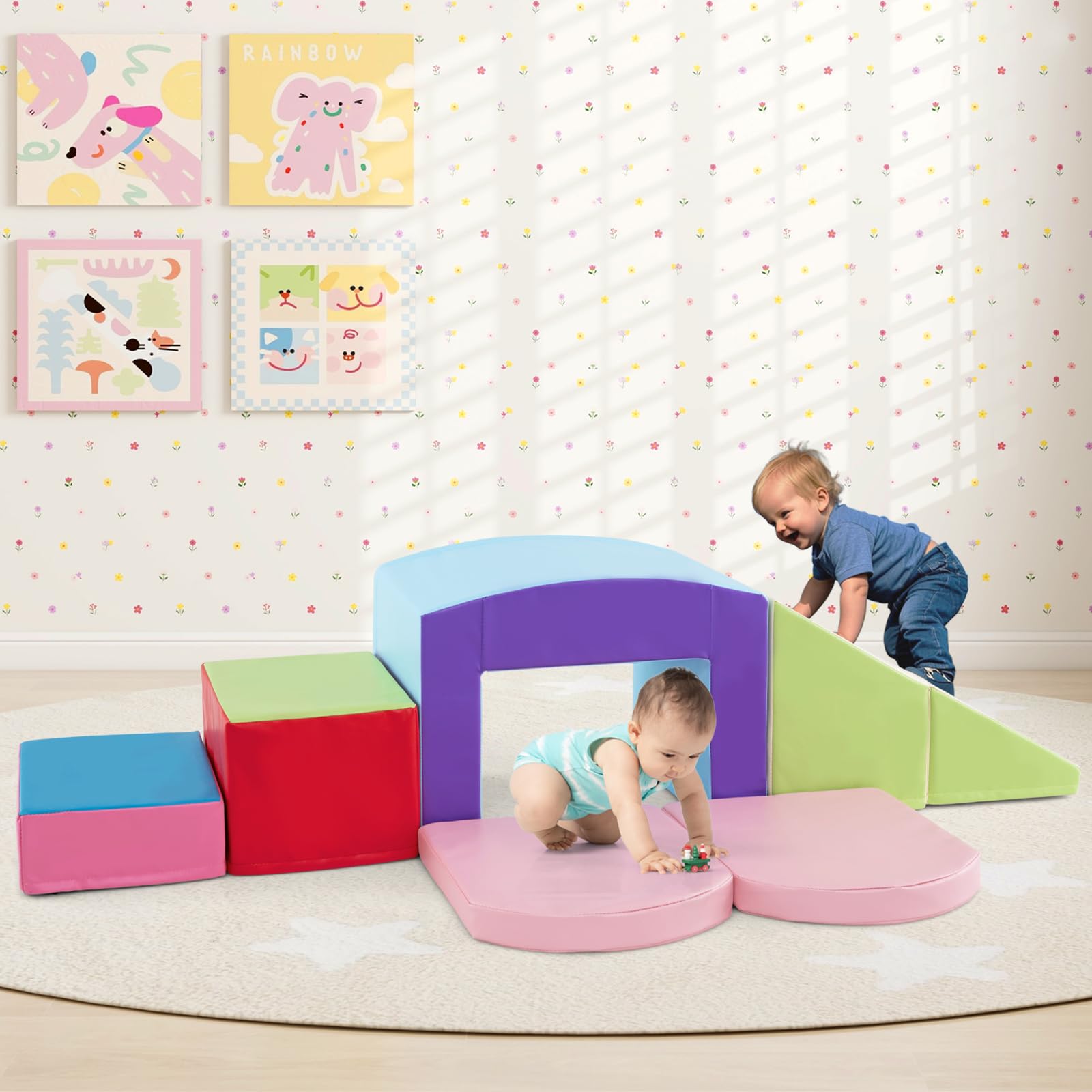 INFANS Climbing Toys for Toddlers, 7 Piece Indoor Baby Foam Blocks Soft Play Set with PU Leather