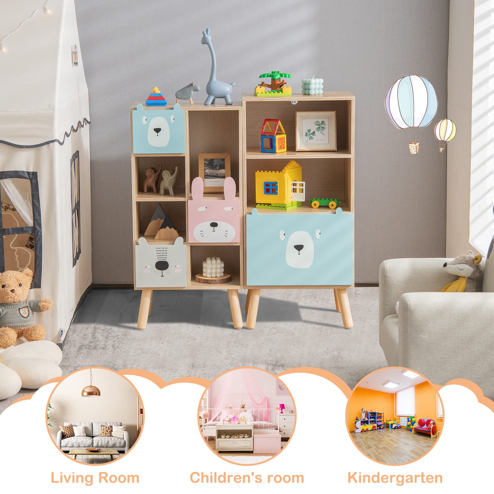 INFANS Kids Bookcase Toy Storage Organizer, Children Storage Cabinet with Slide Drawer and 2 Cubes