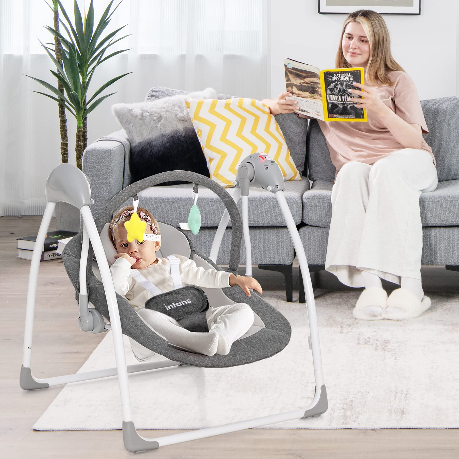 INFANS Baby Swing, Compact Portable Baby Electric Rocker for Newborn with 5 Speed Natural Sway Music Timing