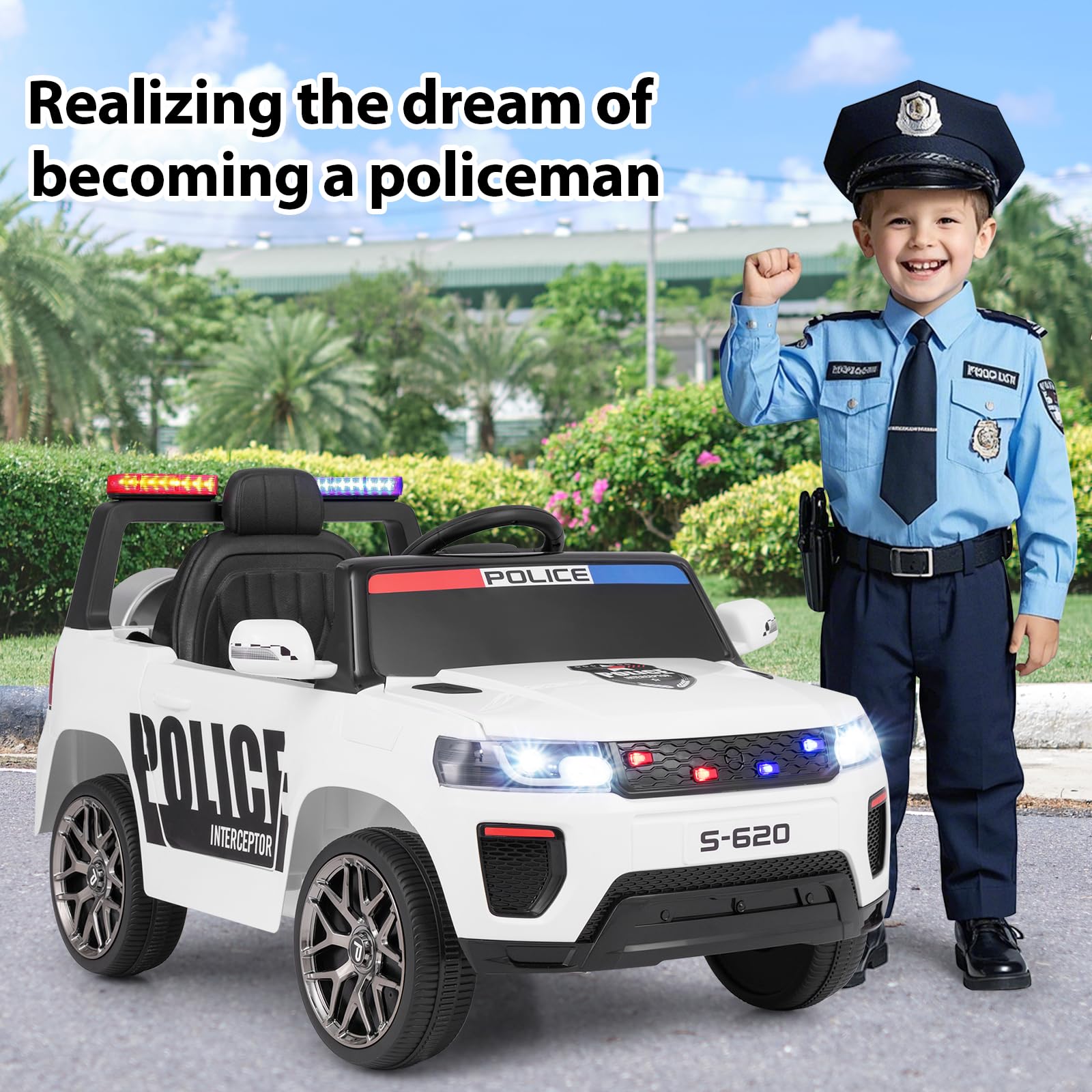 INFANS Ride on Police Car, 12V Kids Battery Powered Electric Vehicle with Siren, Flashing Lights, Bluetooth, Power Display