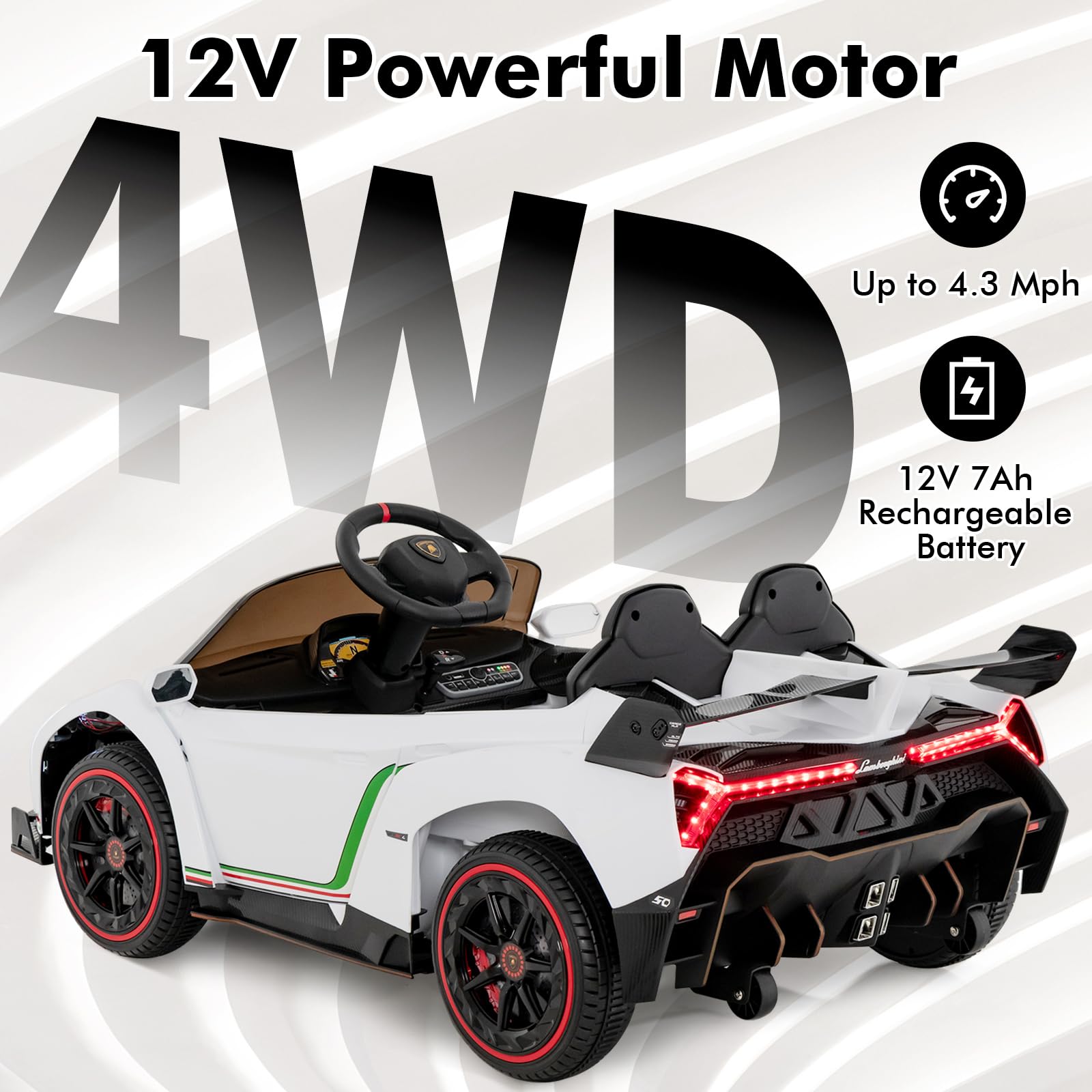 INFANS 2 Seater Kids Ride on Car, 12V 4WD Licensed Lamborghini Veneno Powered Electric Vehicle with Rocking Mode, Remote Control