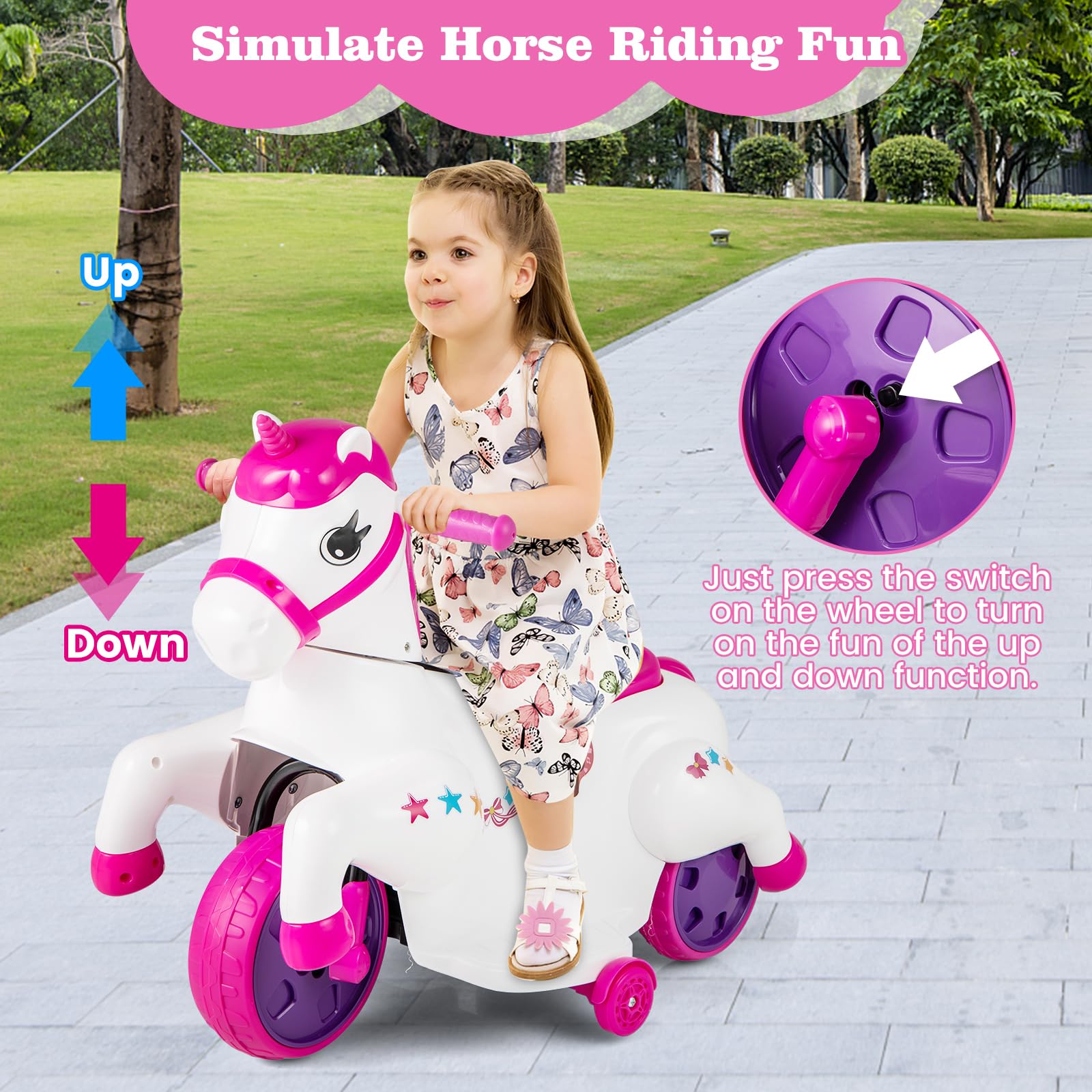 INFANS 2 in 1 Ride on Motorcycle and Horse, Unicorn 6V Battery Powered Ride on Toy with Up & Down Function, Kids Electric Vehicle