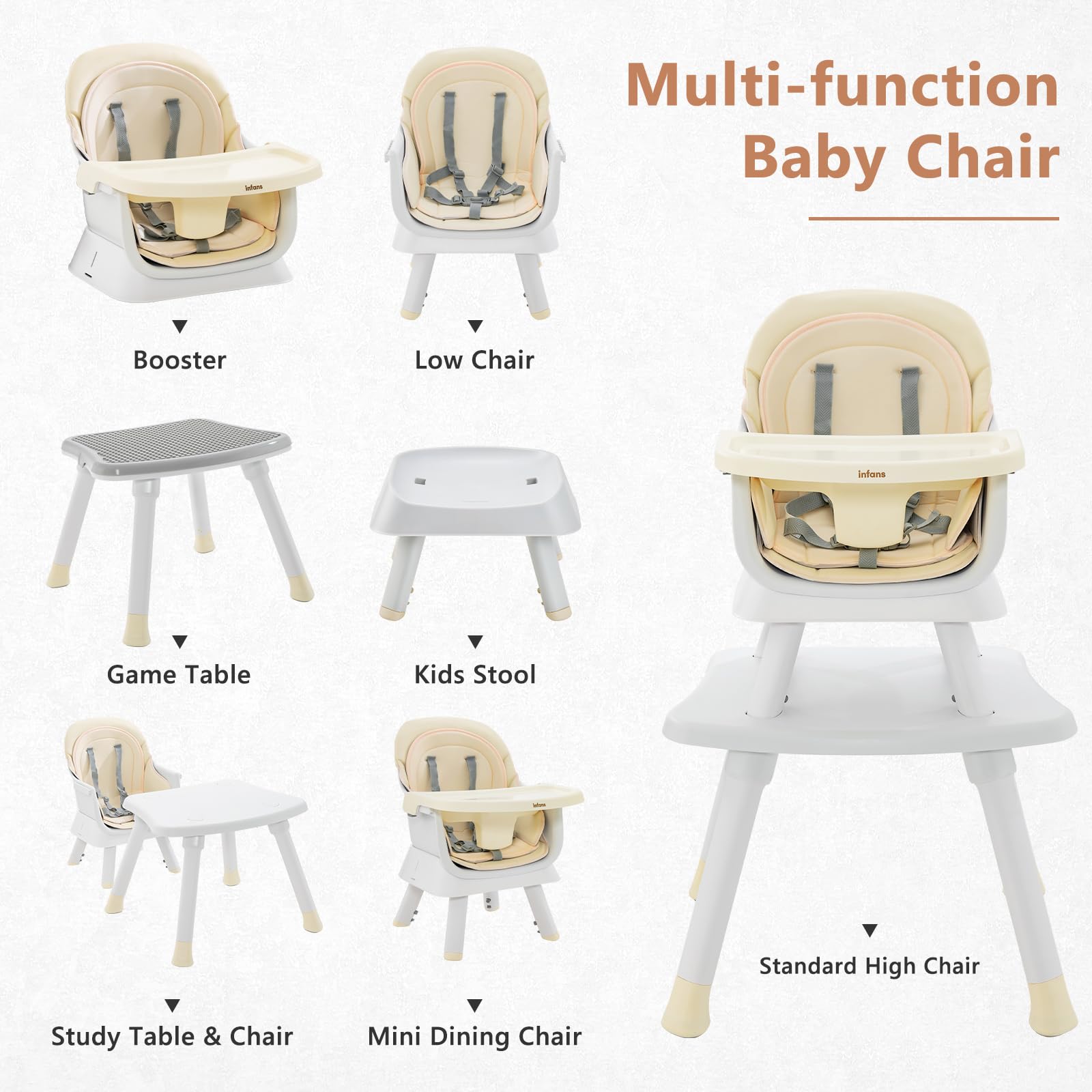 INFANS 8 in 1 Baby High Chair, Convertible Highchair for Babies and Toddlers, Infant Dining Booster Seat, Kids Stool Table Chair Set