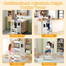 INFANS Toddler Standing Tower, Kids Montessori Kitchen Step Stool Helper with 2 Adjustable Height Learning Blackboard Safety Rail