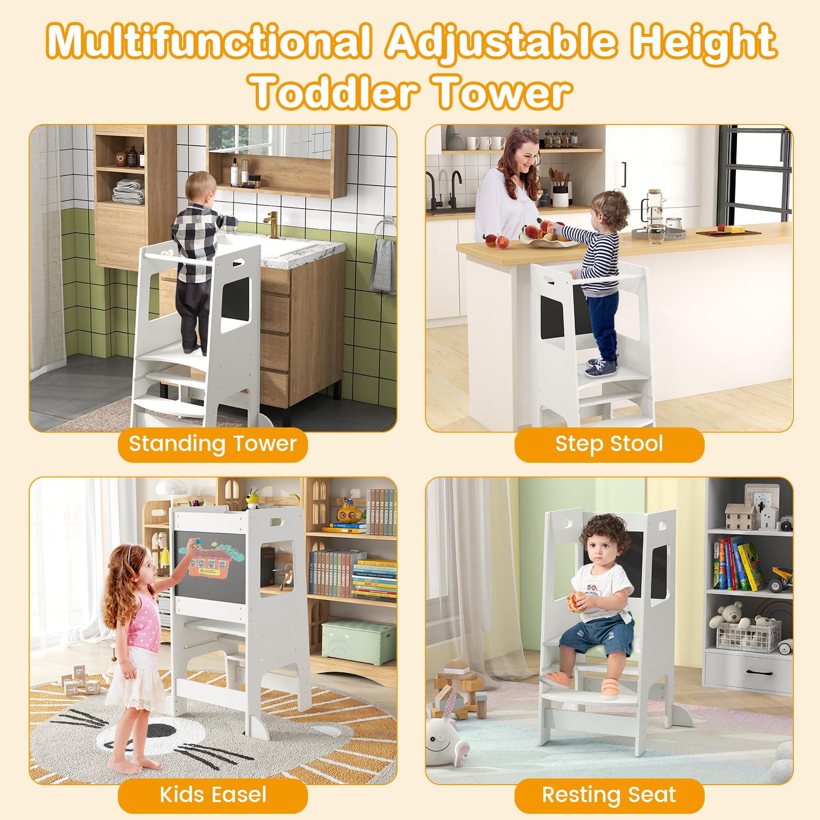 INFANS Toddler Standing Tower, Kids Montessori Kitchen Step Stool Helper with 2 Adjustable Height Learning Blackboard Safety Rail
