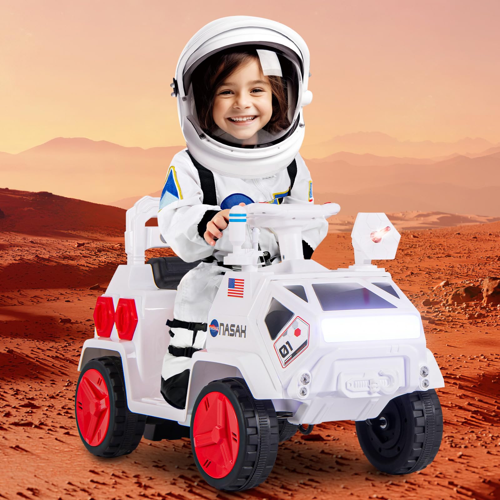 INFANS Ride on Car, 6V Electric Toy for Kids with Radar, Rocket, MP3, USB, Horn, 4-Wheeler Battery Powered Quad Gift for Toddlers