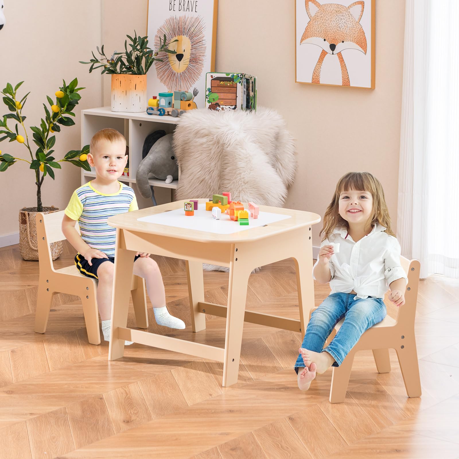 INFANS Kids Table and Chair Set, 3 in 1 Wooden Activity Table with Removable Tabletop, Blackboard and Whiteboard