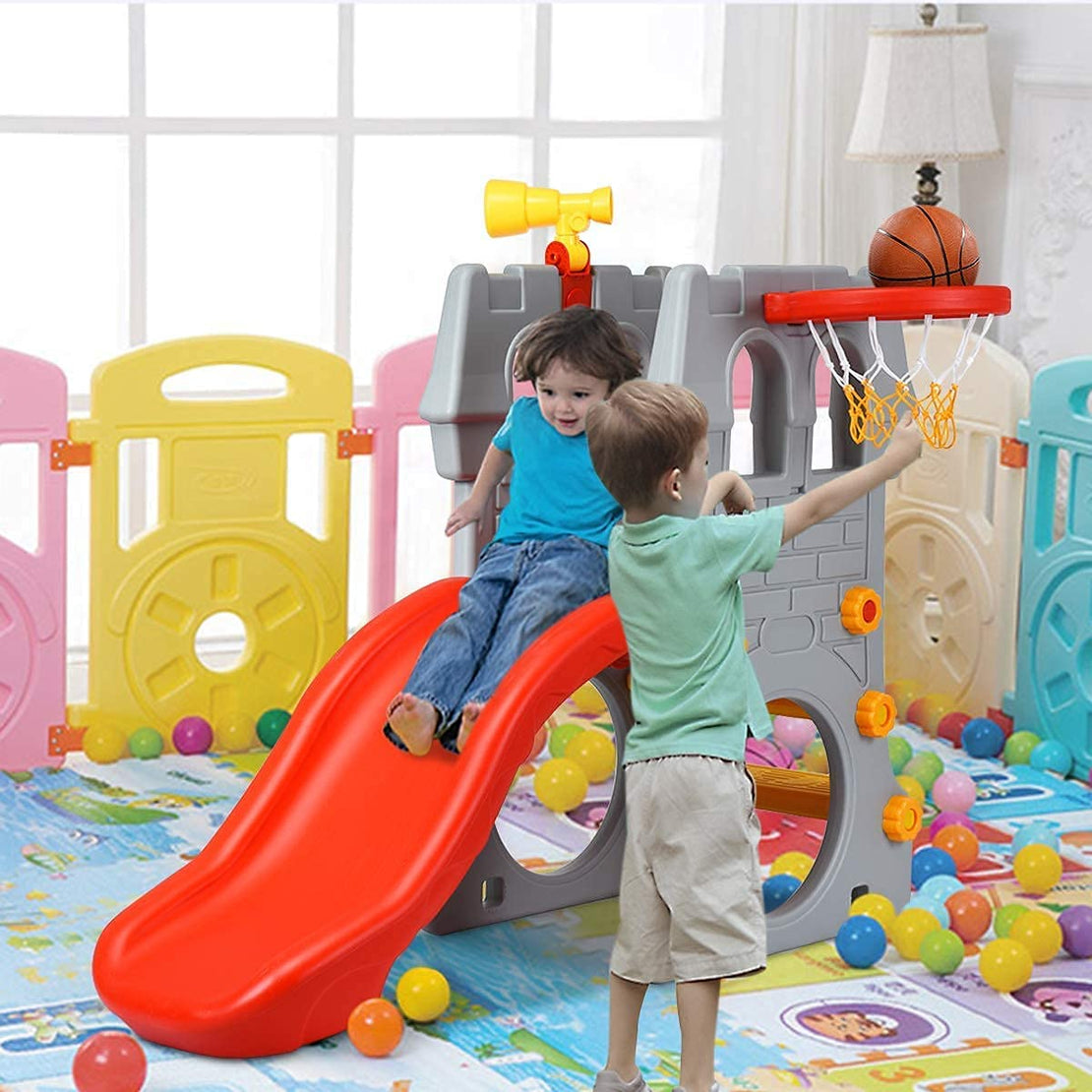 5 in 1 Toddler Slide Indoor Outdoor Playground Climber with Slide Basketball Hoop Telescope Crawl Tunnel Climb Stairs