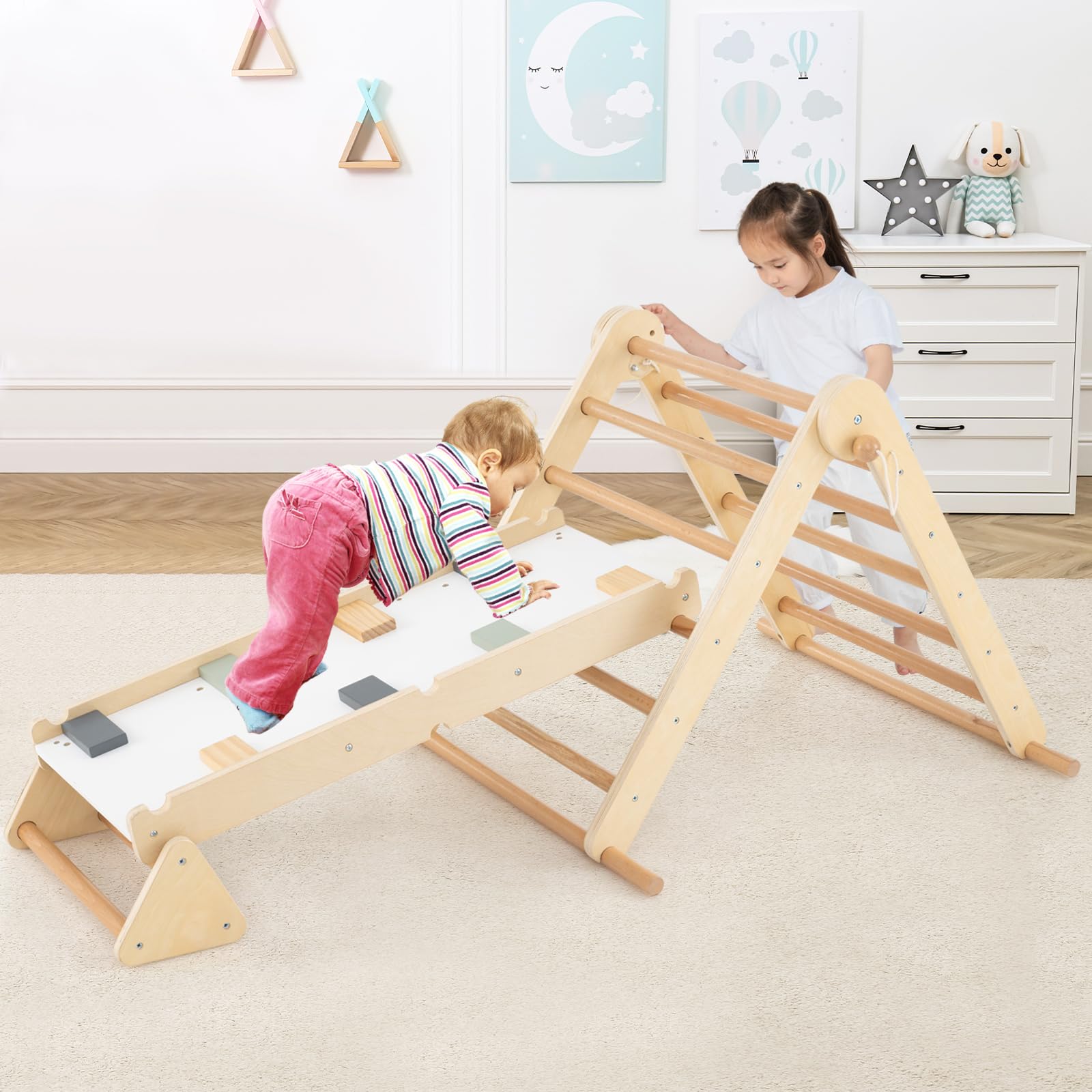 INFANS Pikler Triangle Set 7 in 1 Climbing Toys for Toddlers Foldable Baby Wood Montessori Jungle Gym