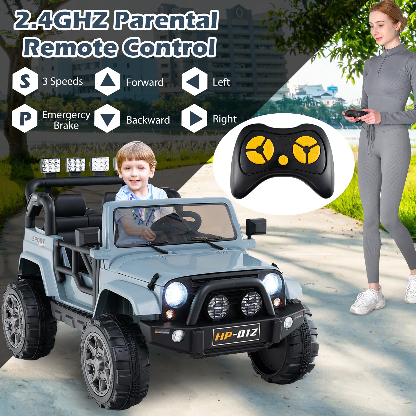INFANS 2 Seater Ride on Truck, 12V Battery Powered Electric Vehicle for Kids with Remote Control, Power Display, LED Lights