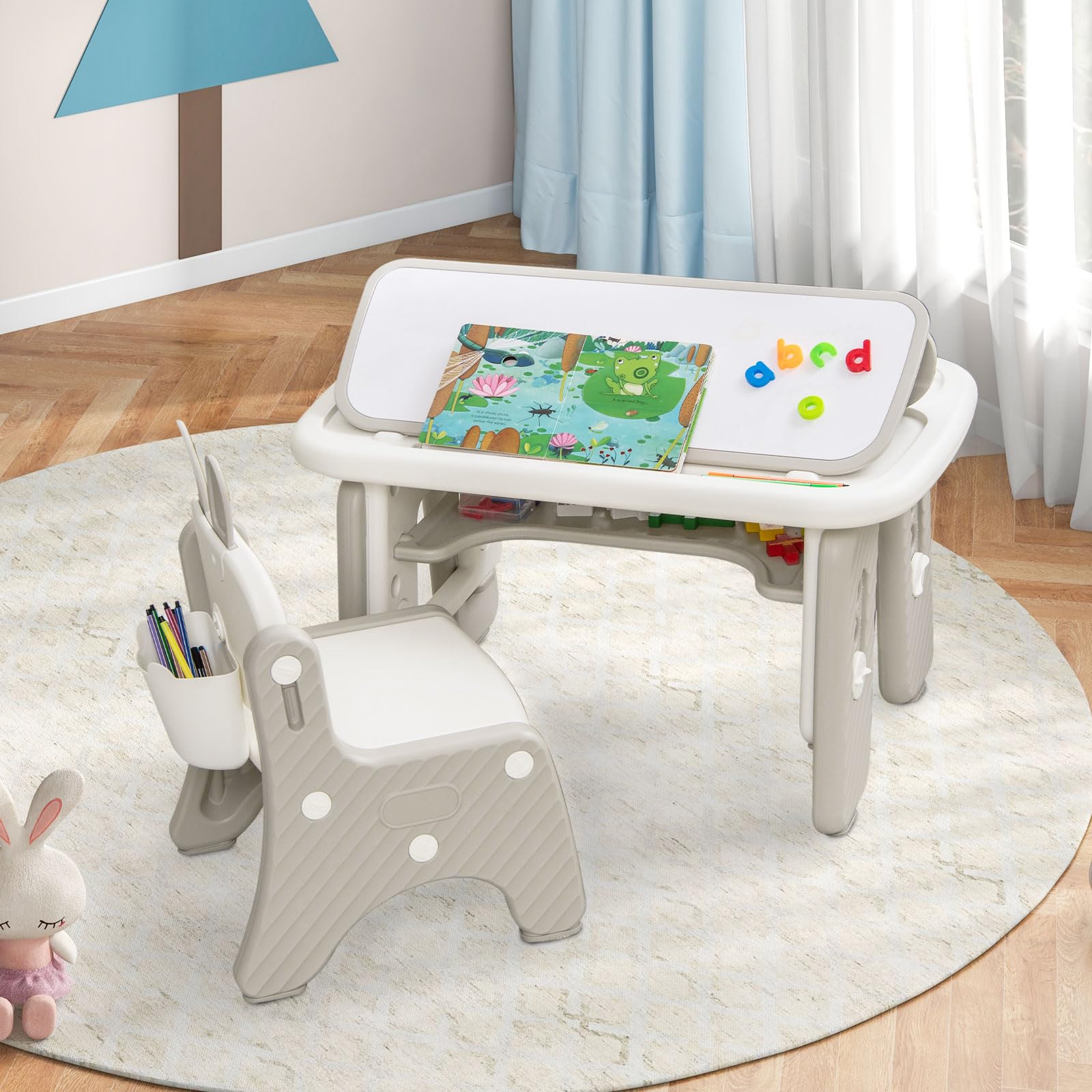 INFANS Kids Table and Chair Set, Activity Table with Magnetic Drawing Board Adjustable Height, Toddler Plastic Furniture Table