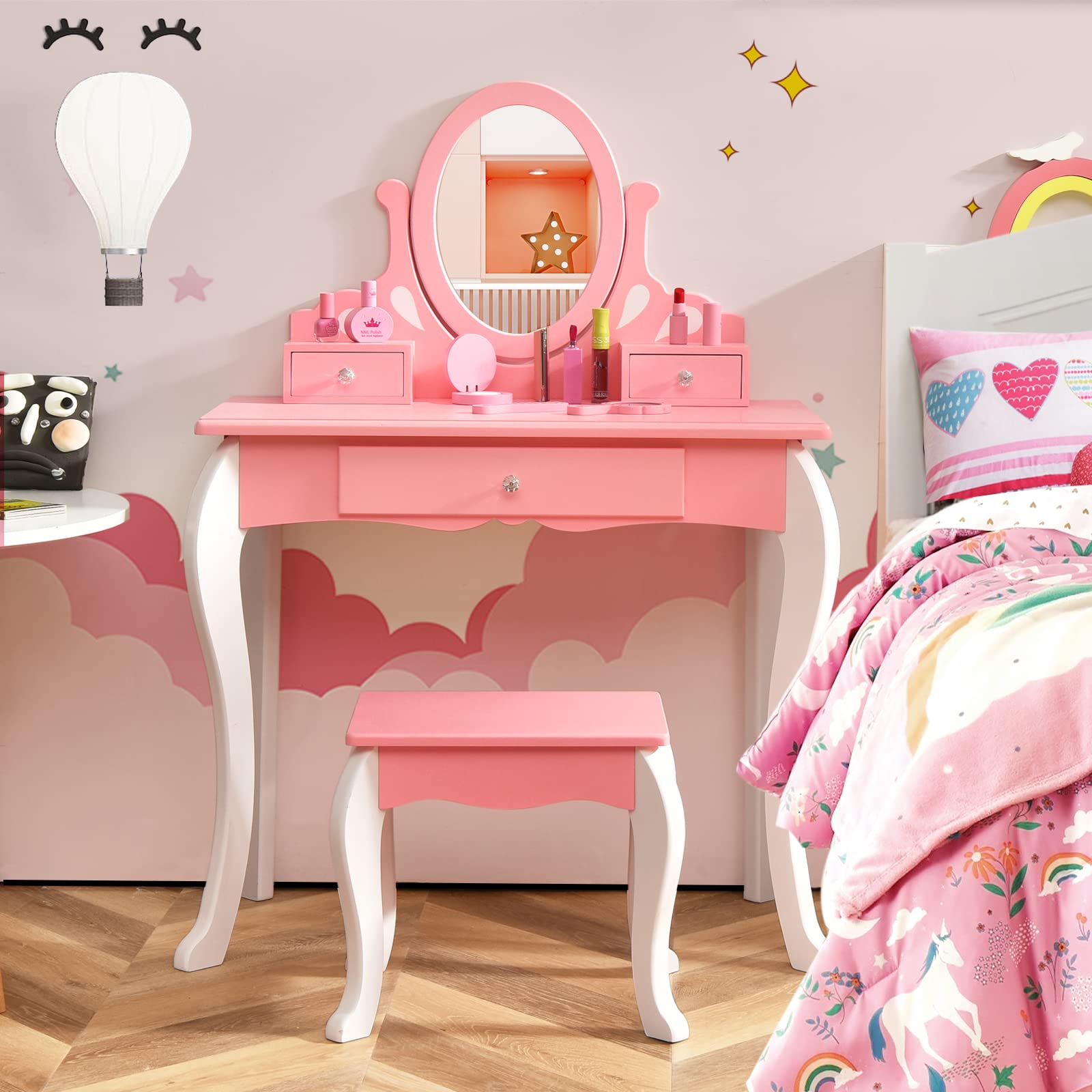 2 in 1 Wooden Princess Makeup Table and Chair Set with 360° Rotating Mirror