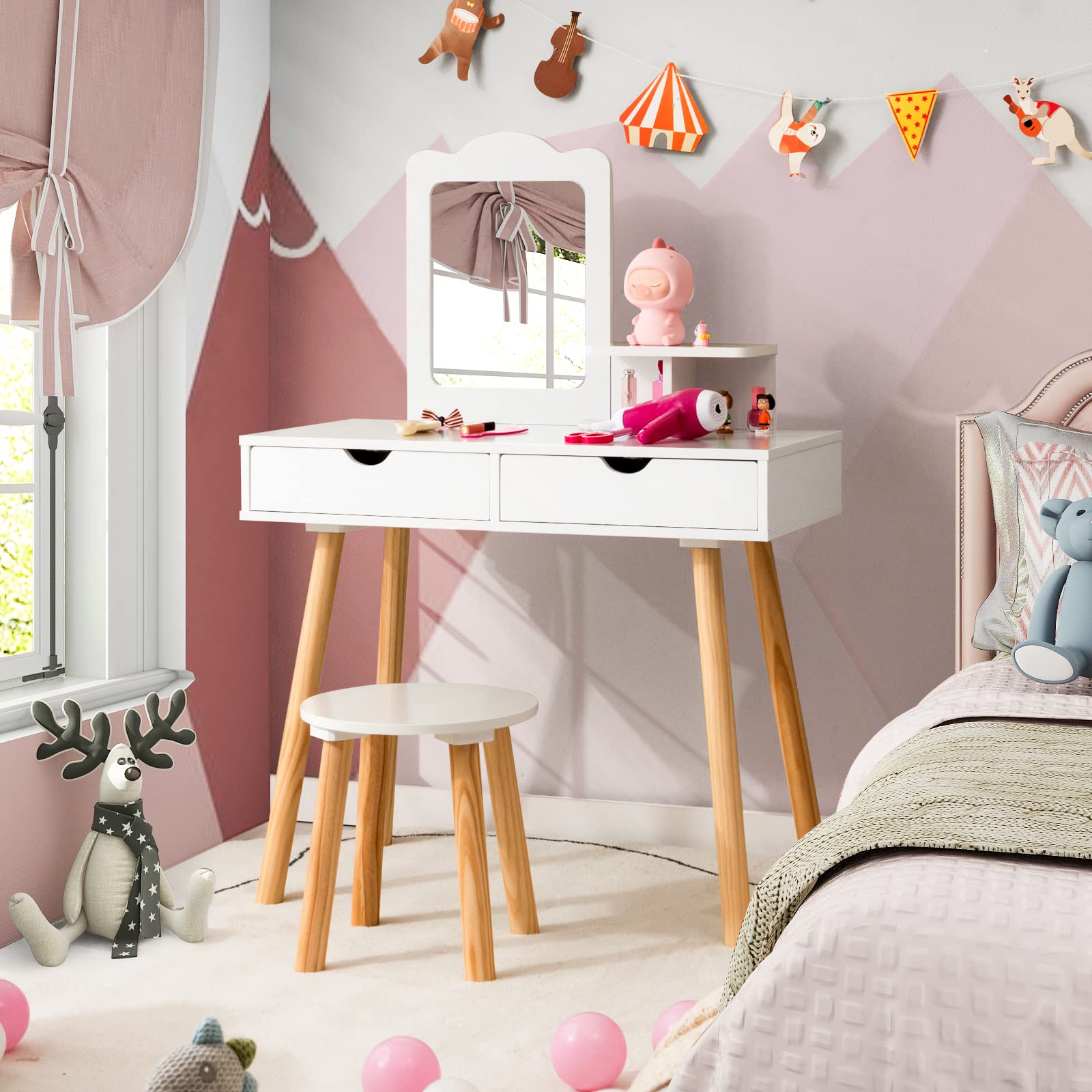 2 in 1 Wooden Princess Makeup Table and Chair with Mirror for Little Girls