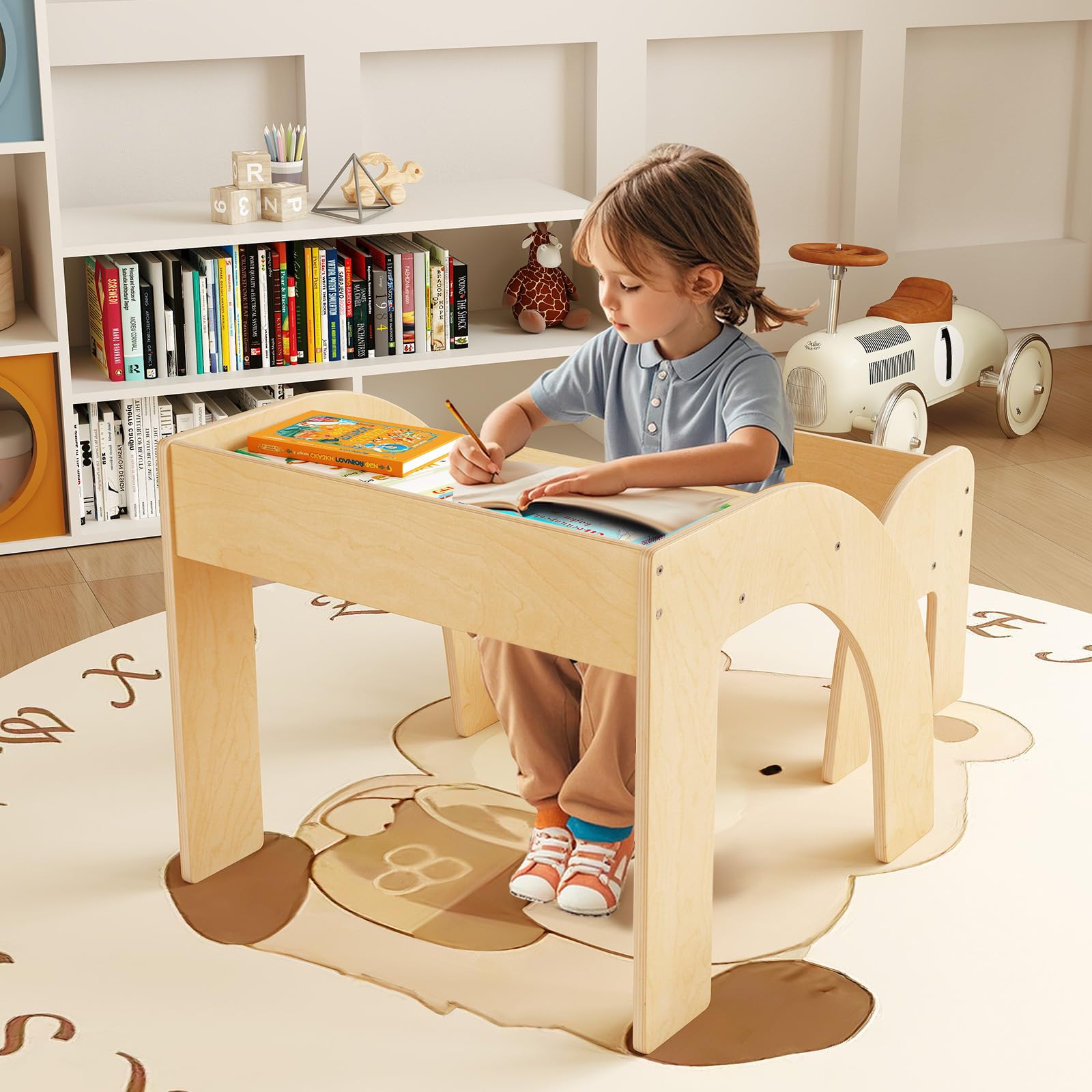 INFANS Kids Table and Chair Set, Wooden Activity Table for Toddlers Arts Crafts Drawing Reading Playing Building Block Drawing