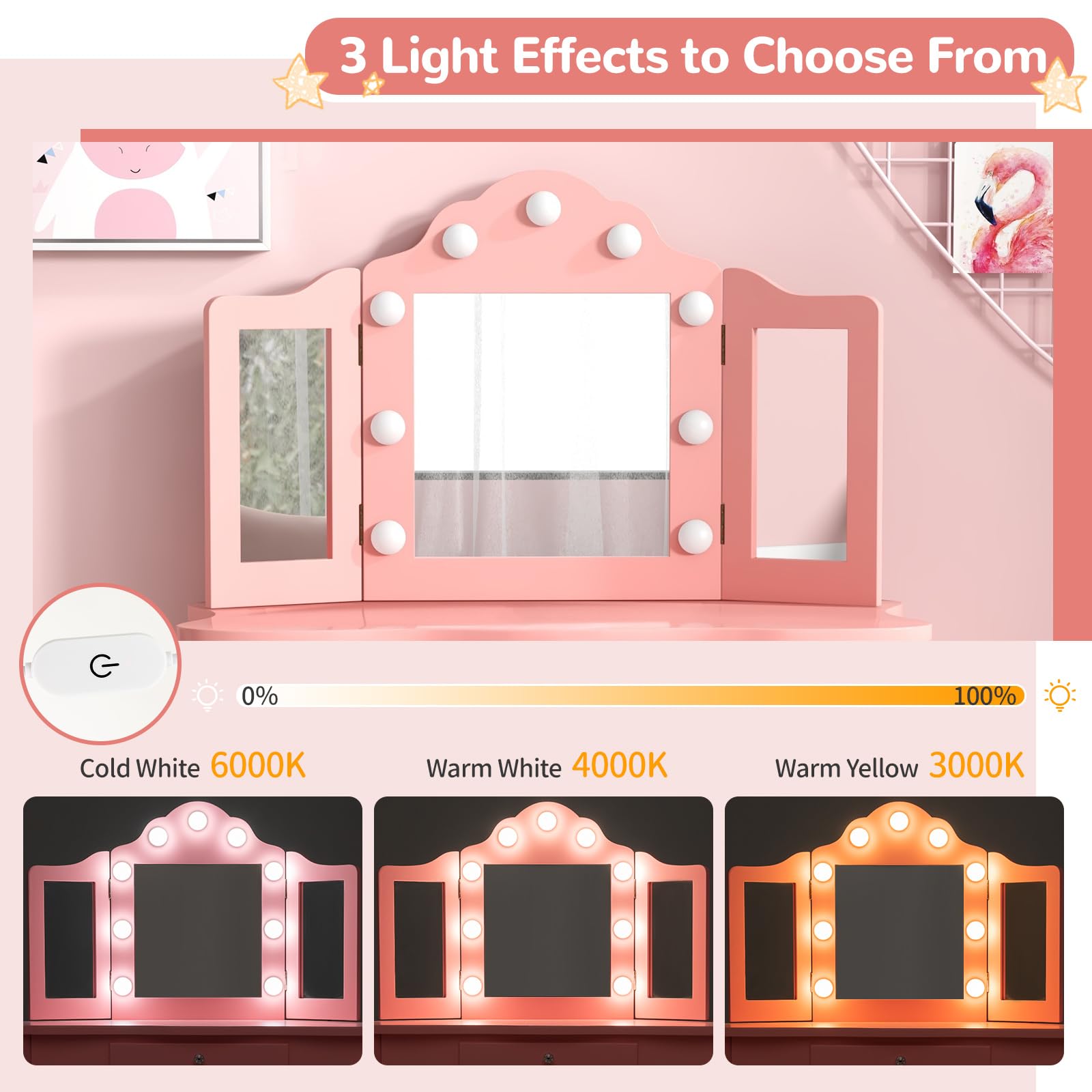 2 in 1 Wooden Kids Vanity with Lights and Tri-Folding Mirror