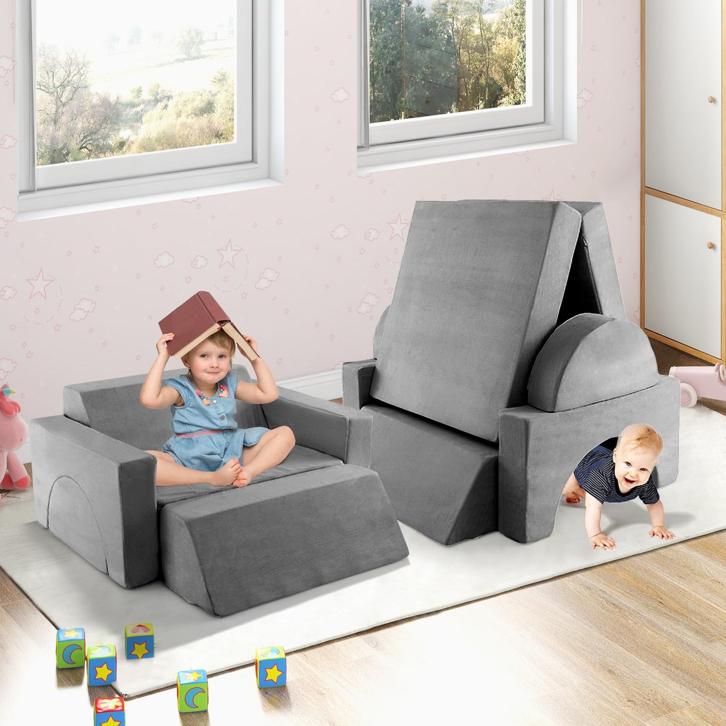 INFANS Mondular Kids Play Couch, 8PCS Toddler Sectional Sofa Building Fort for Bedroom, Imaginative Convertible Floor Cushion