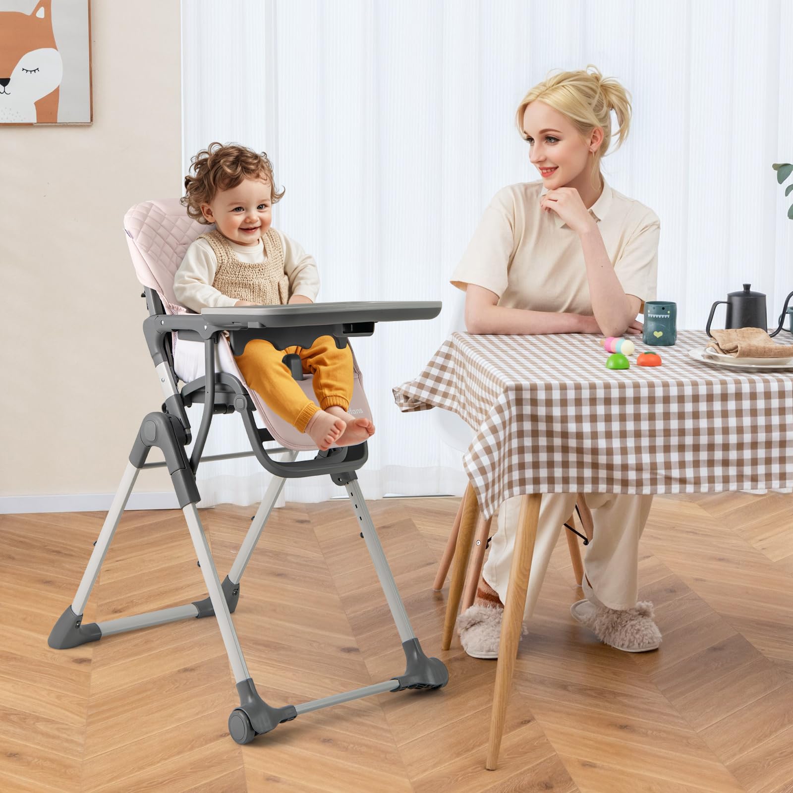 INFANS Baby High Chair, Convertible Quick Folding Portable Highchair for Babies with Wheels Removable Tray