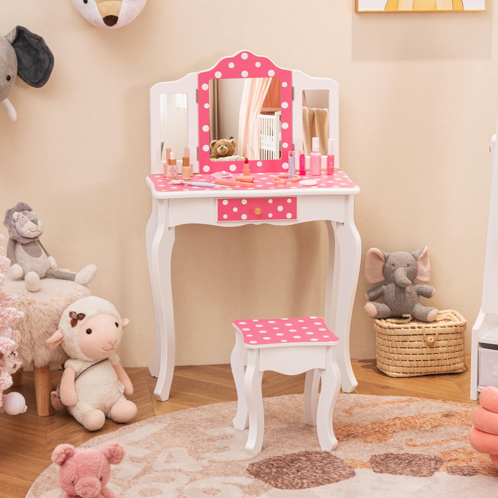2 in 1 Pink Dot Wooden Makeup Dressing Table and Chair Set with Tri-Folding Mirror